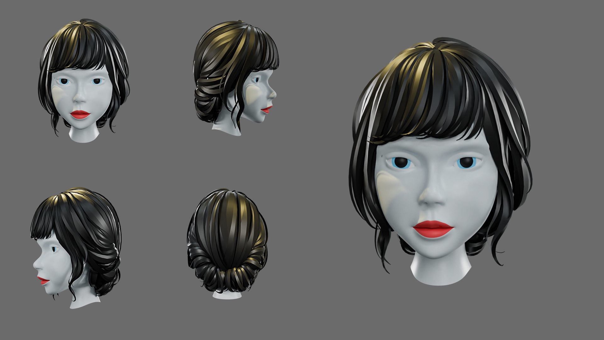 cartoon woman hairstyle Low-poly 3D model_11
