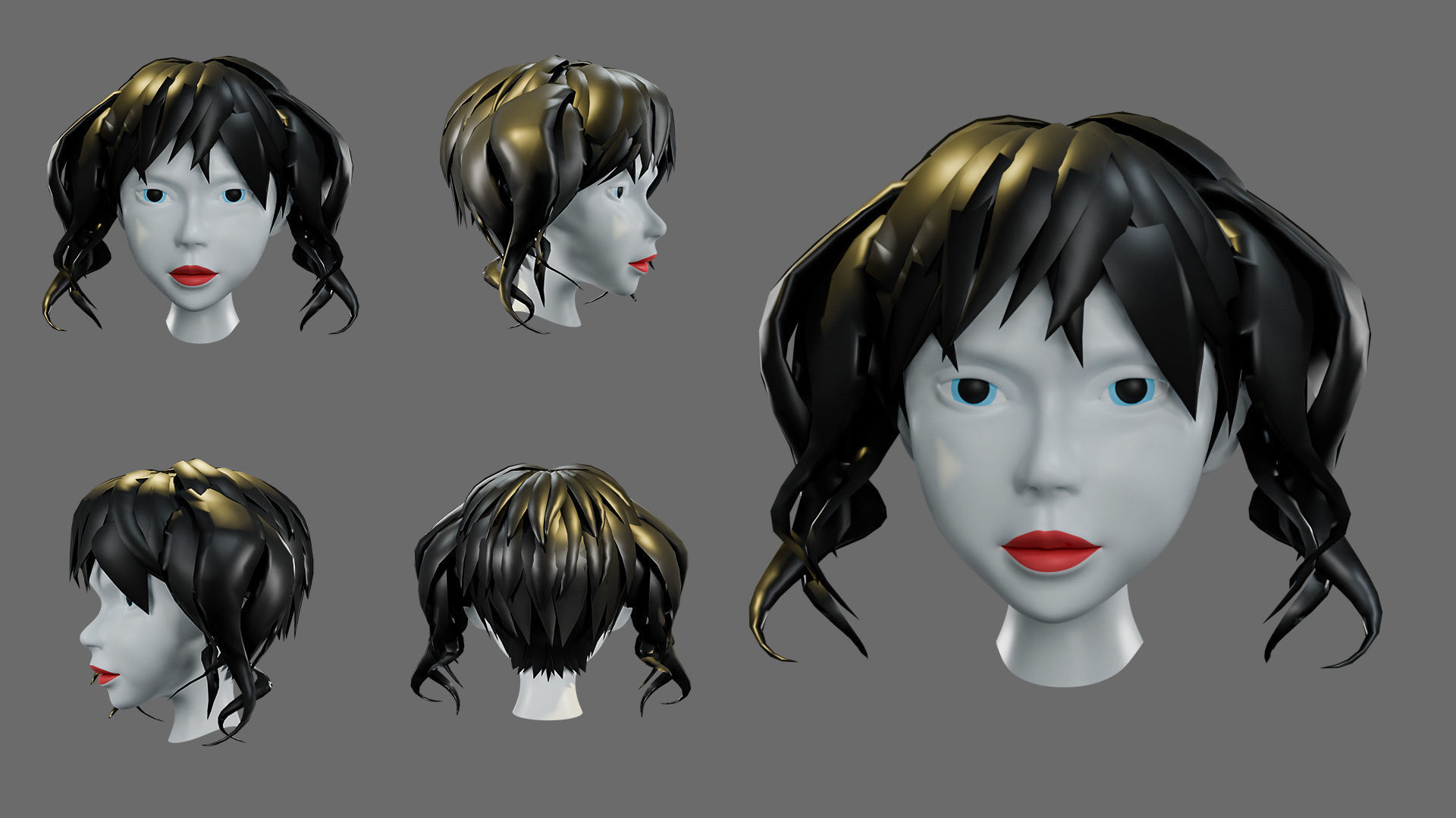 cartoon woman hairstyle Low-poly 3D model_10
