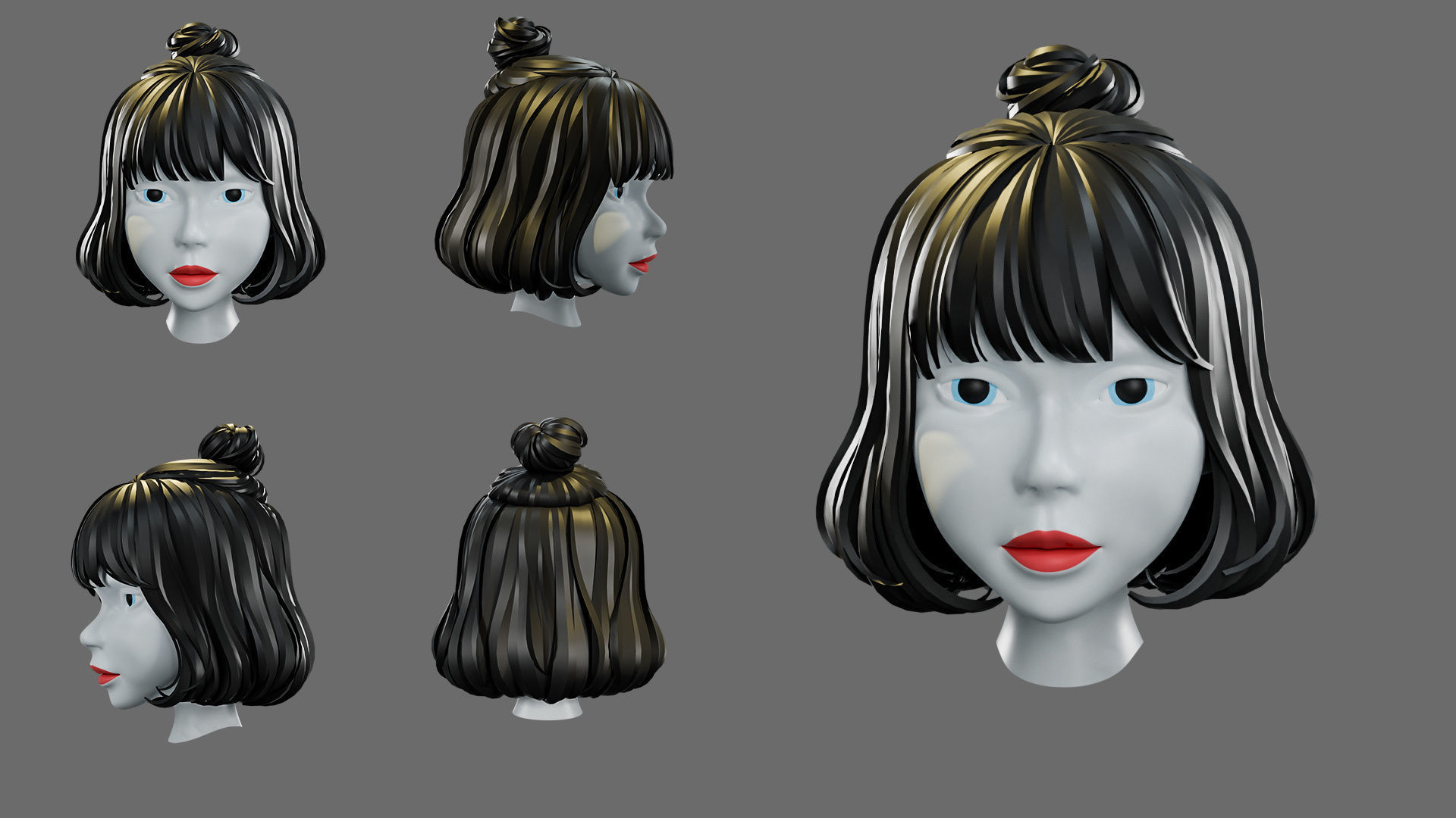 cartoon woman hairstyle Low-poly 3D model_13