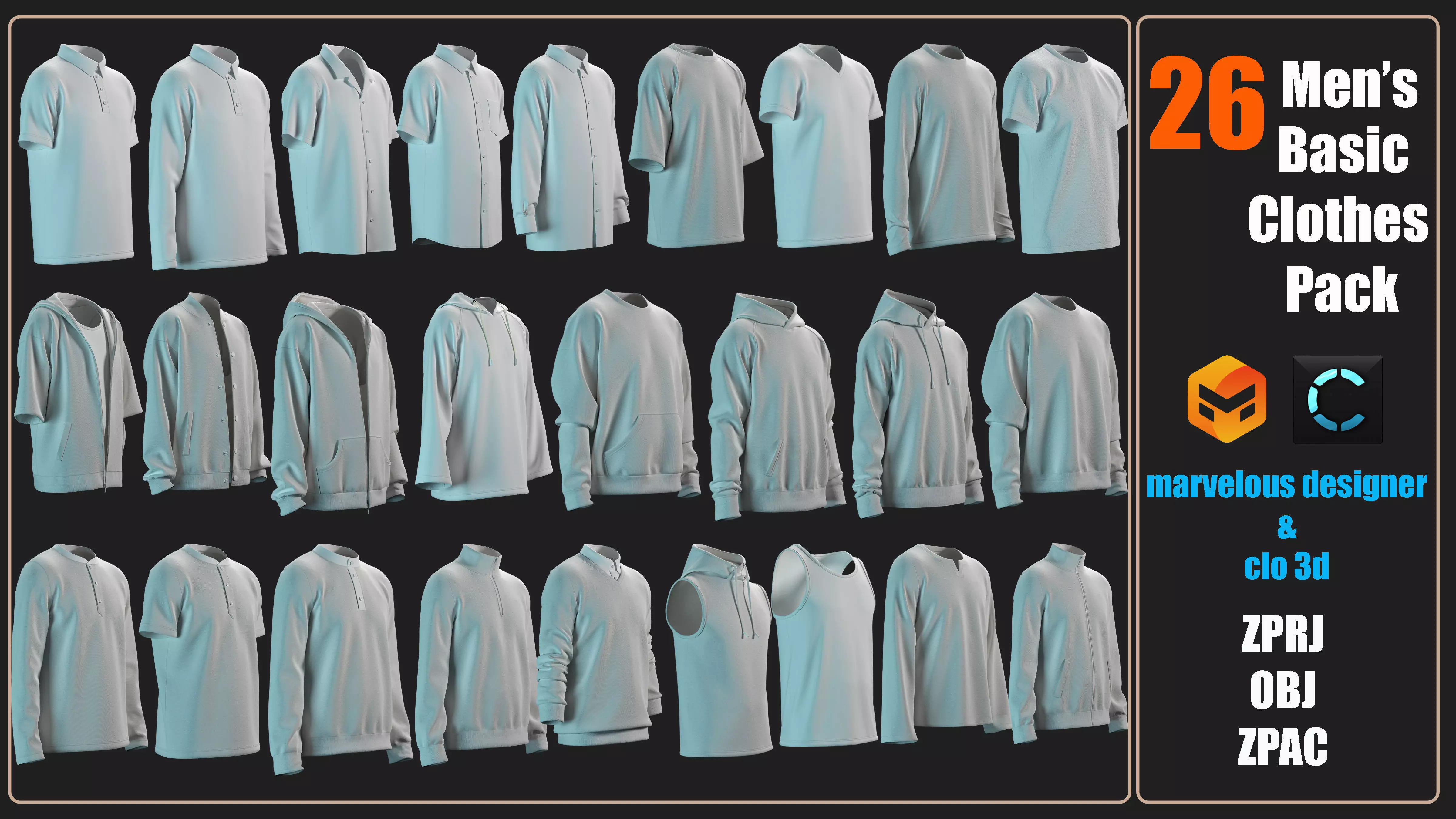 26 Men Basic Clothes Pack 3D model