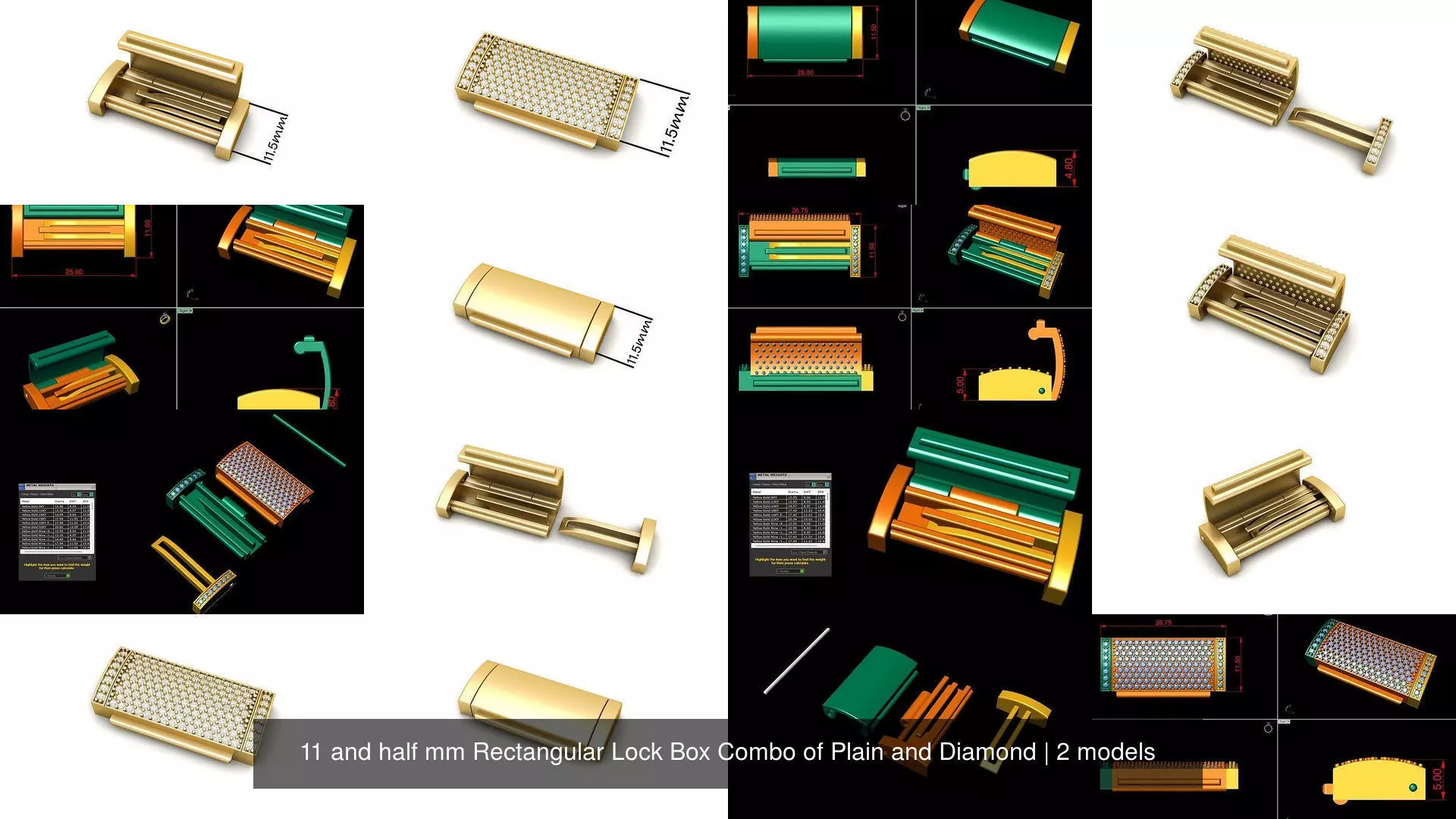 11 and half mm Rectangular Lock Box Combo of Plain and Diamond 3D Model Collection_1
