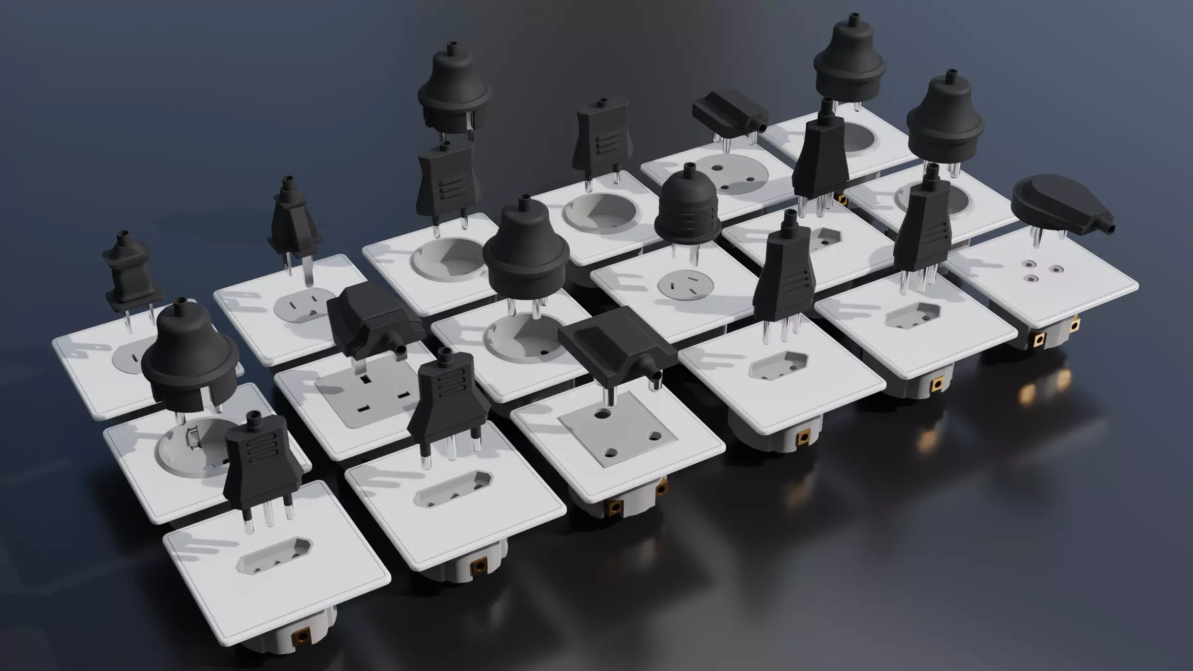 Single-Phase Electrical Sockets and Plugs Type A - Type O 3D Model Collection_0
