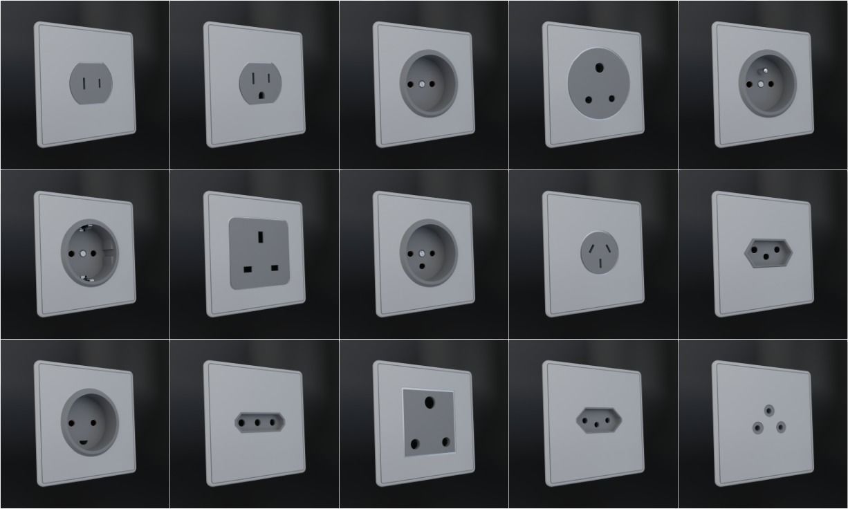 Single-Phase Electrical Sockets and Plugs Type A - Type O 3D Model Collection_1