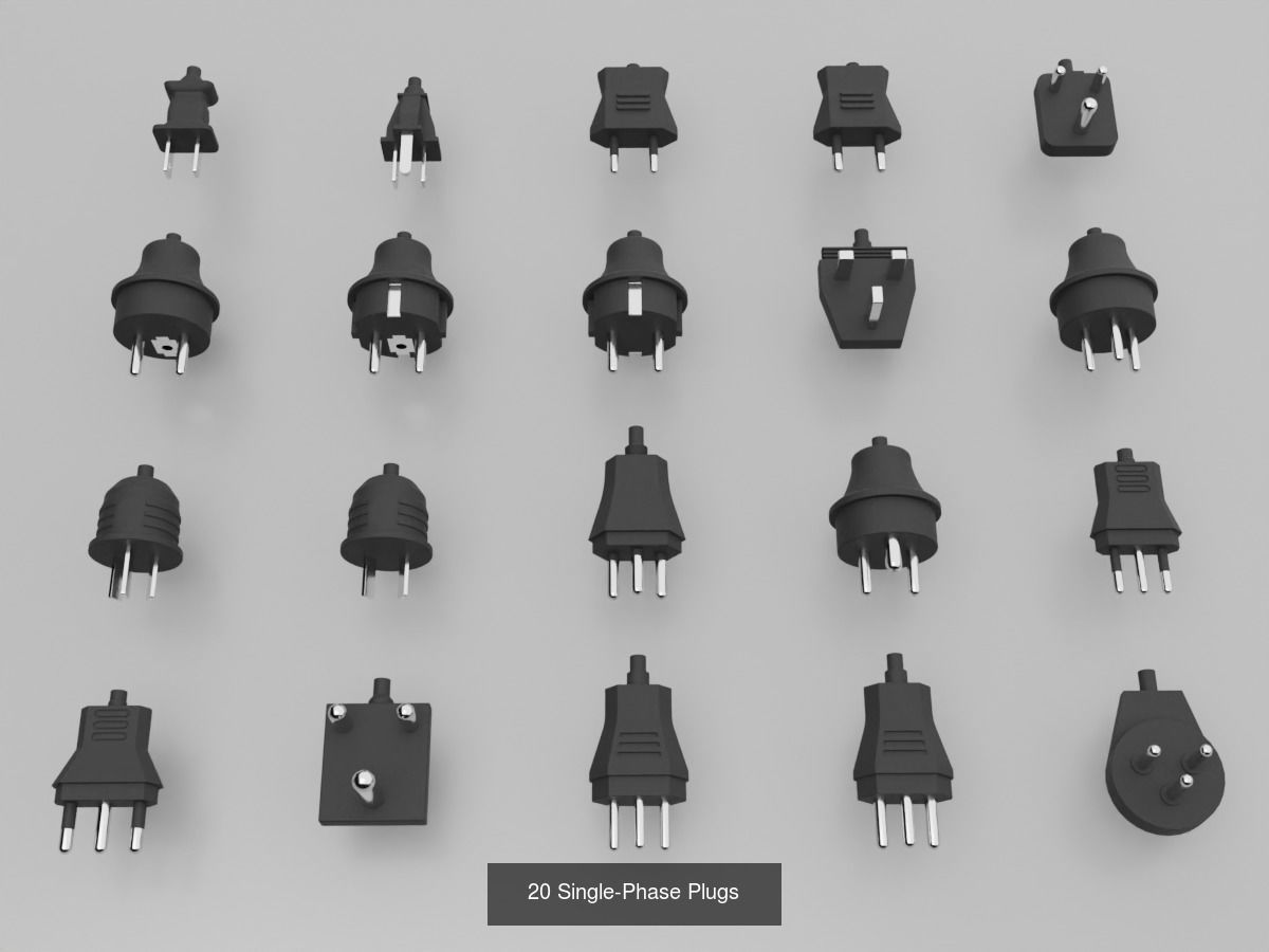 Single-Phase Electrical Sockets and Plugs Type A - Type O 3D Model Collection_2