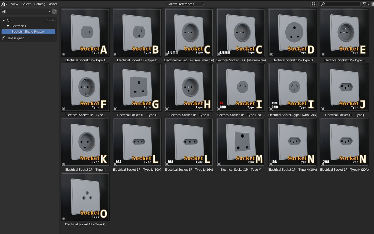 Single-Phase Electrical Sockets and Plugs Type A - Type O 3D Model Collection_3