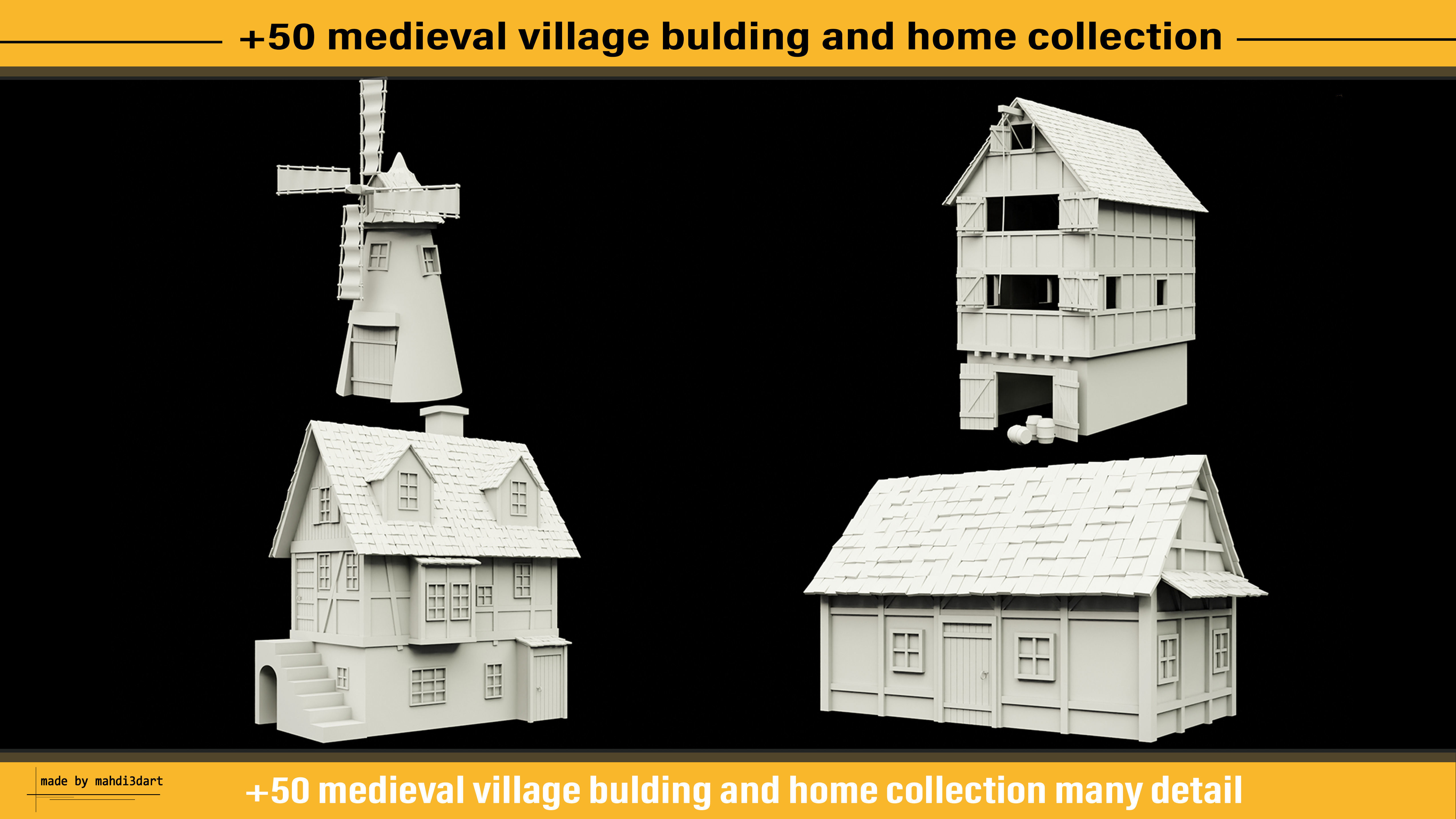 50 medieval village building and home collection white UV 3D model_8