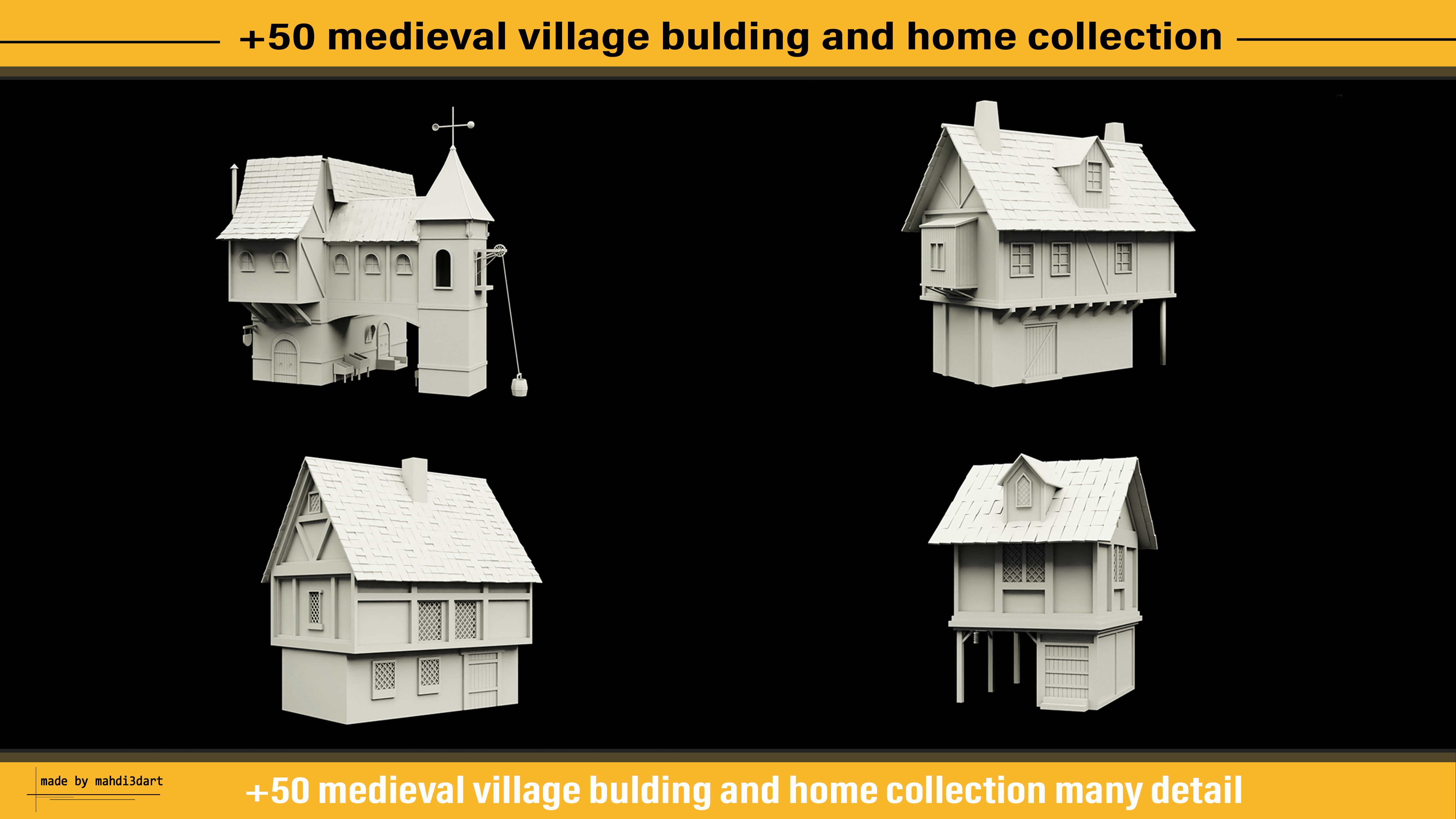 50 medieval village building and home collection white UV 3D model_12