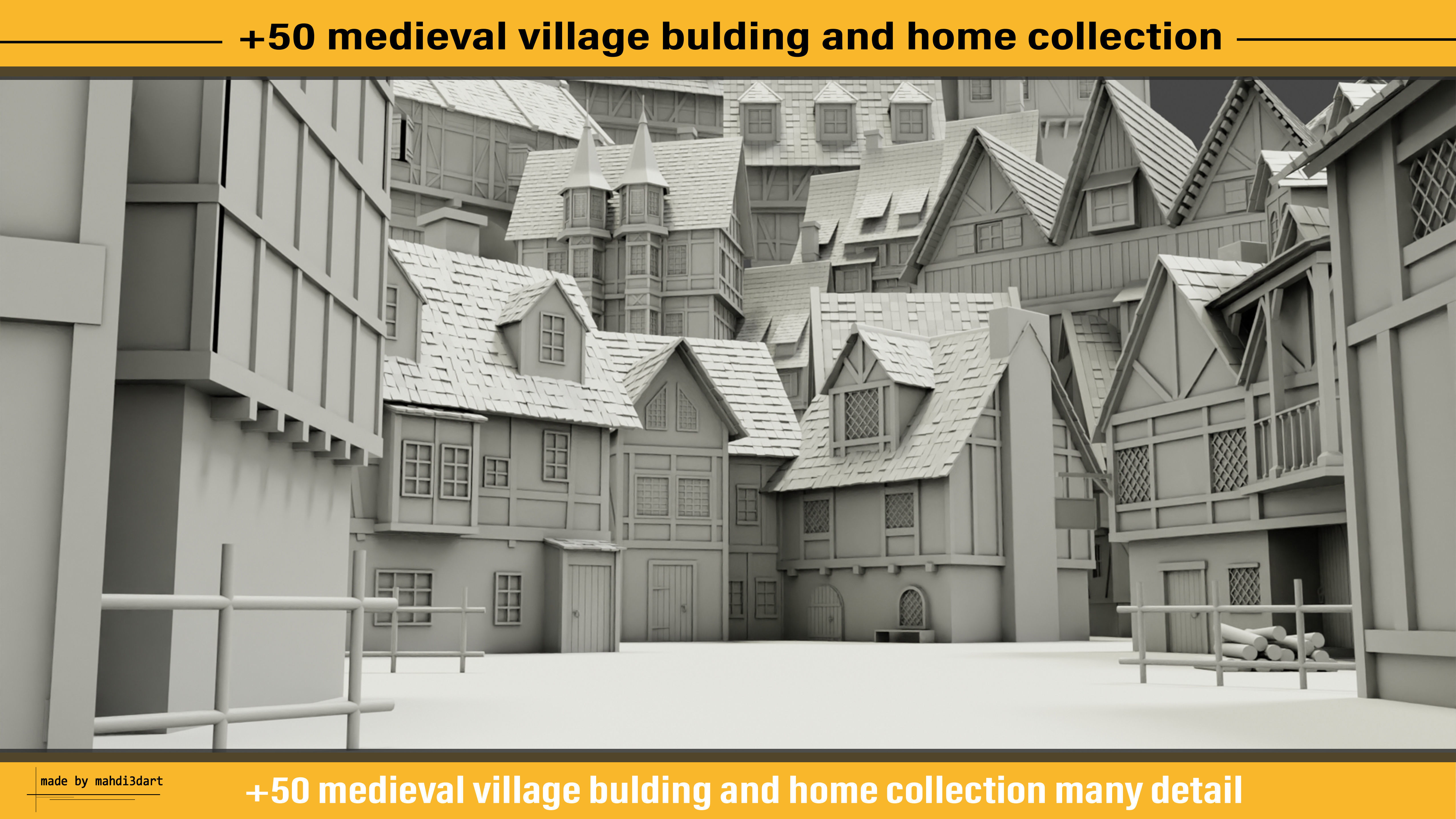 50 medieval village building and home collection white UV 3D model_1