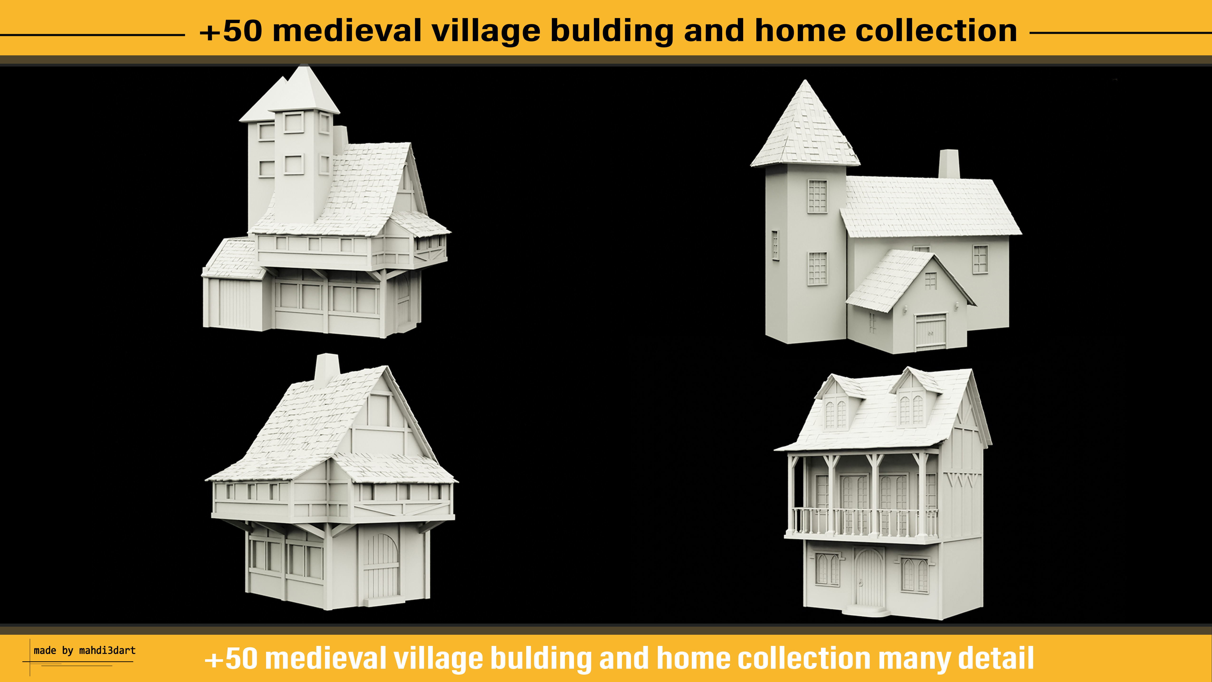 50 medieval village building and home collection white UV 3D model_16