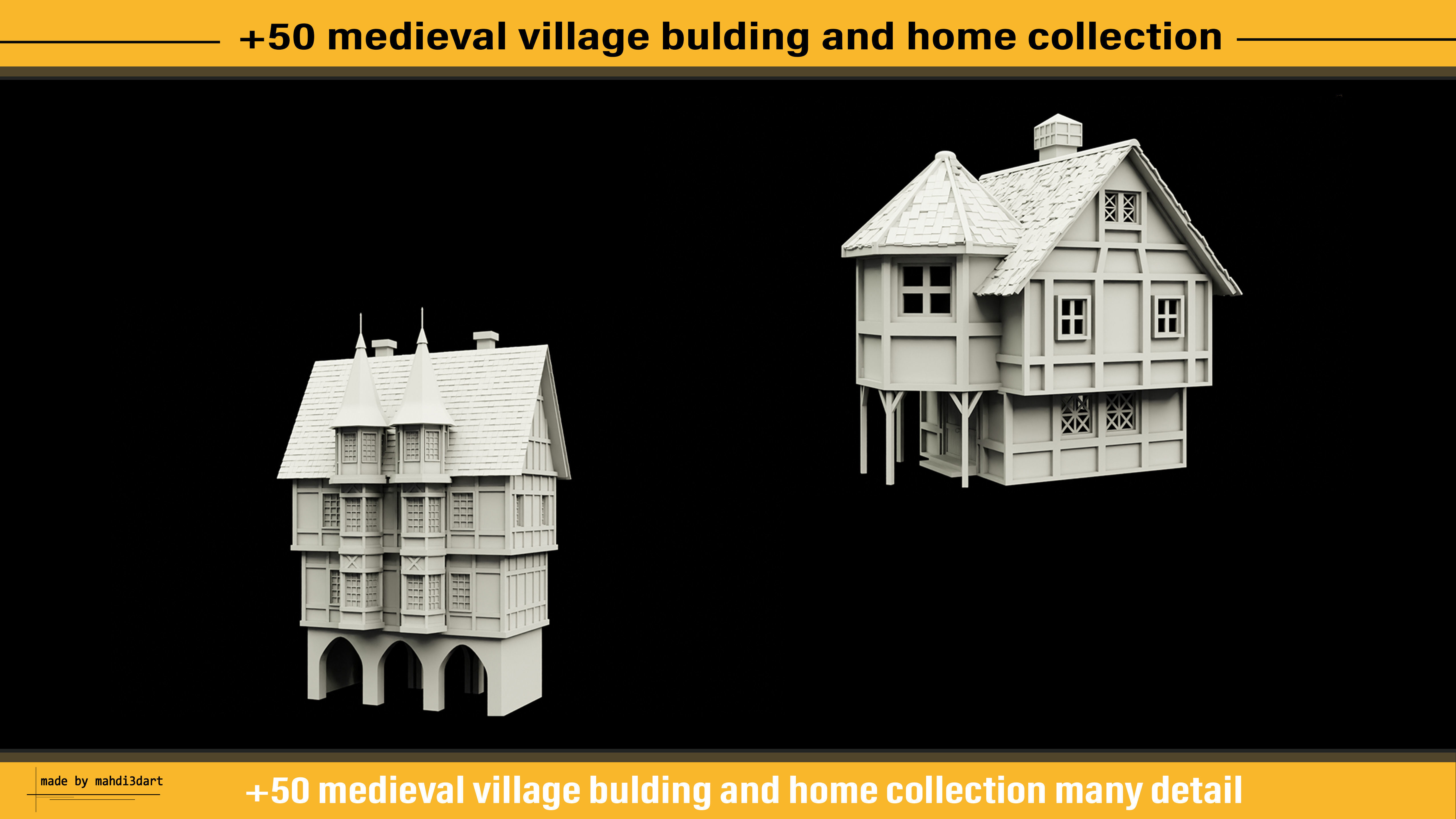50 medieval village building and home collection white UV 3D model_11