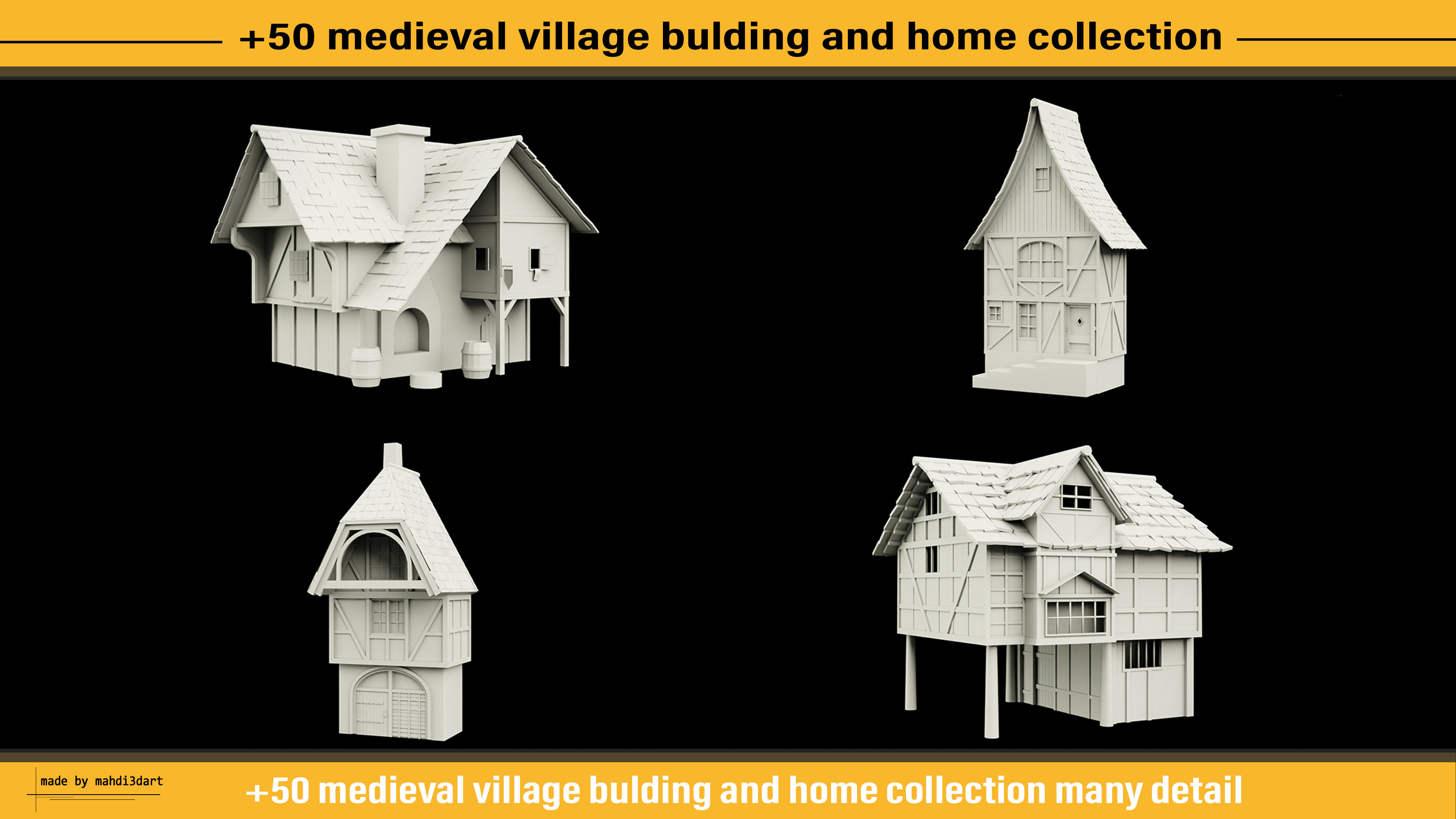 50 medieval village building and home collection white UV 3D model_14
