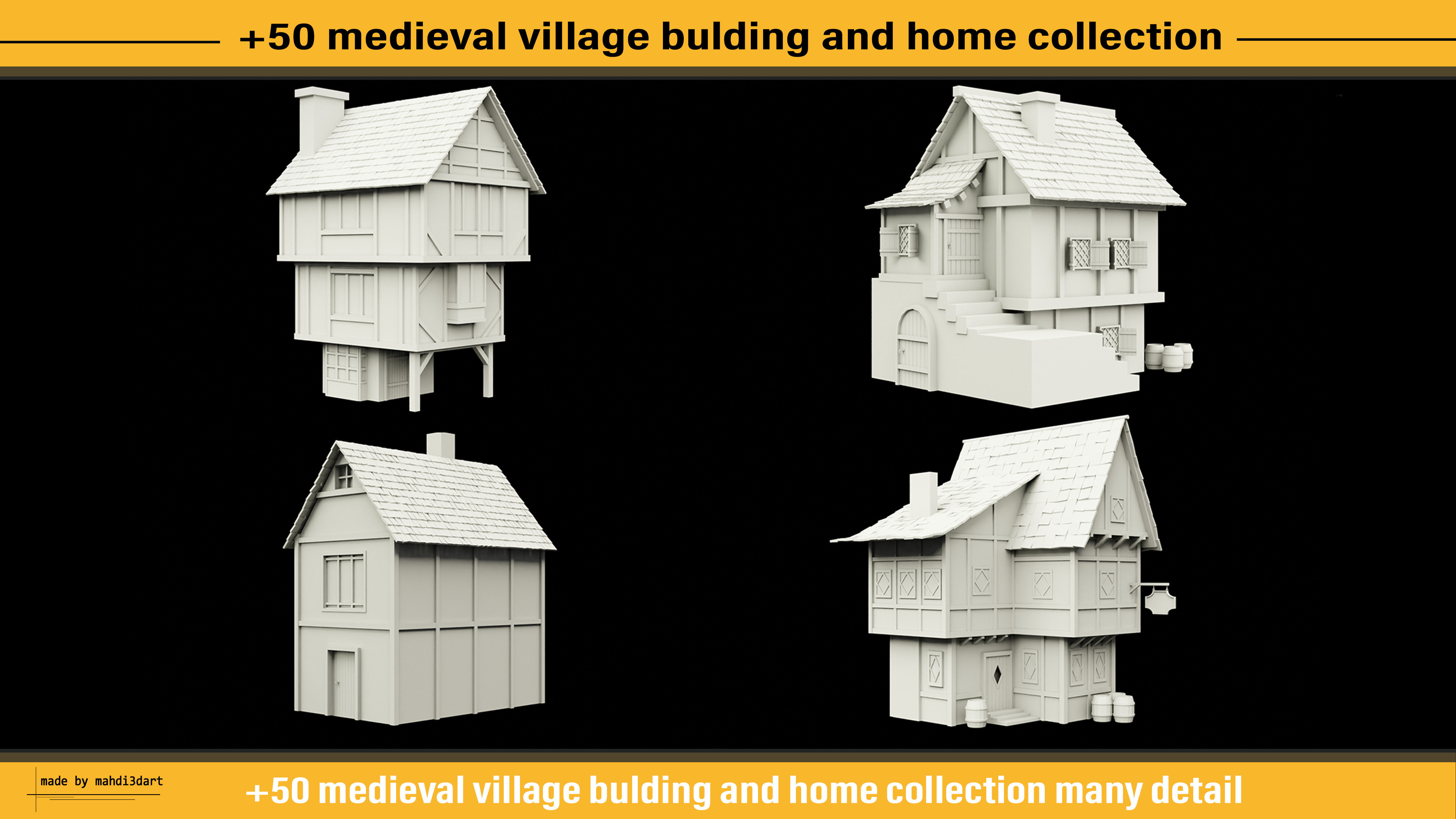 50 medieval village building and home collection white UV 3D model_4
