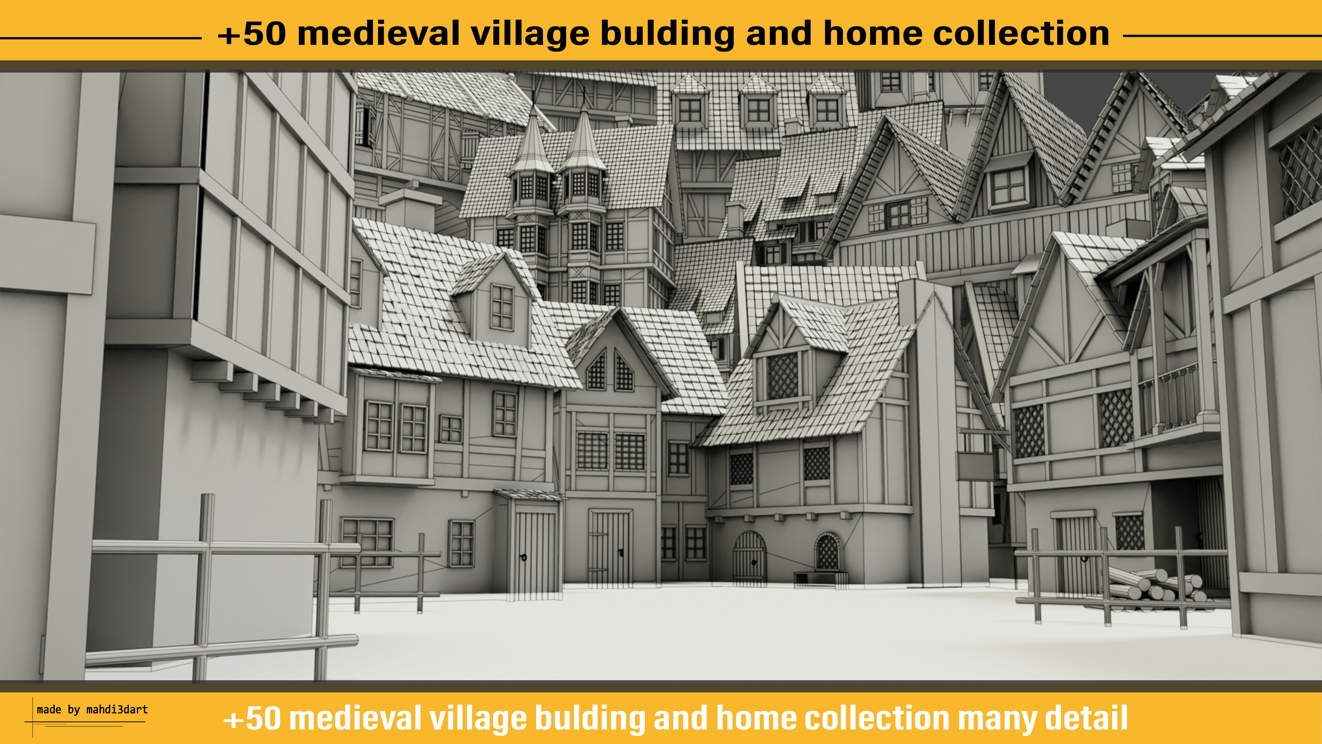 50 medieval village building and home collection white UV 3D model_3