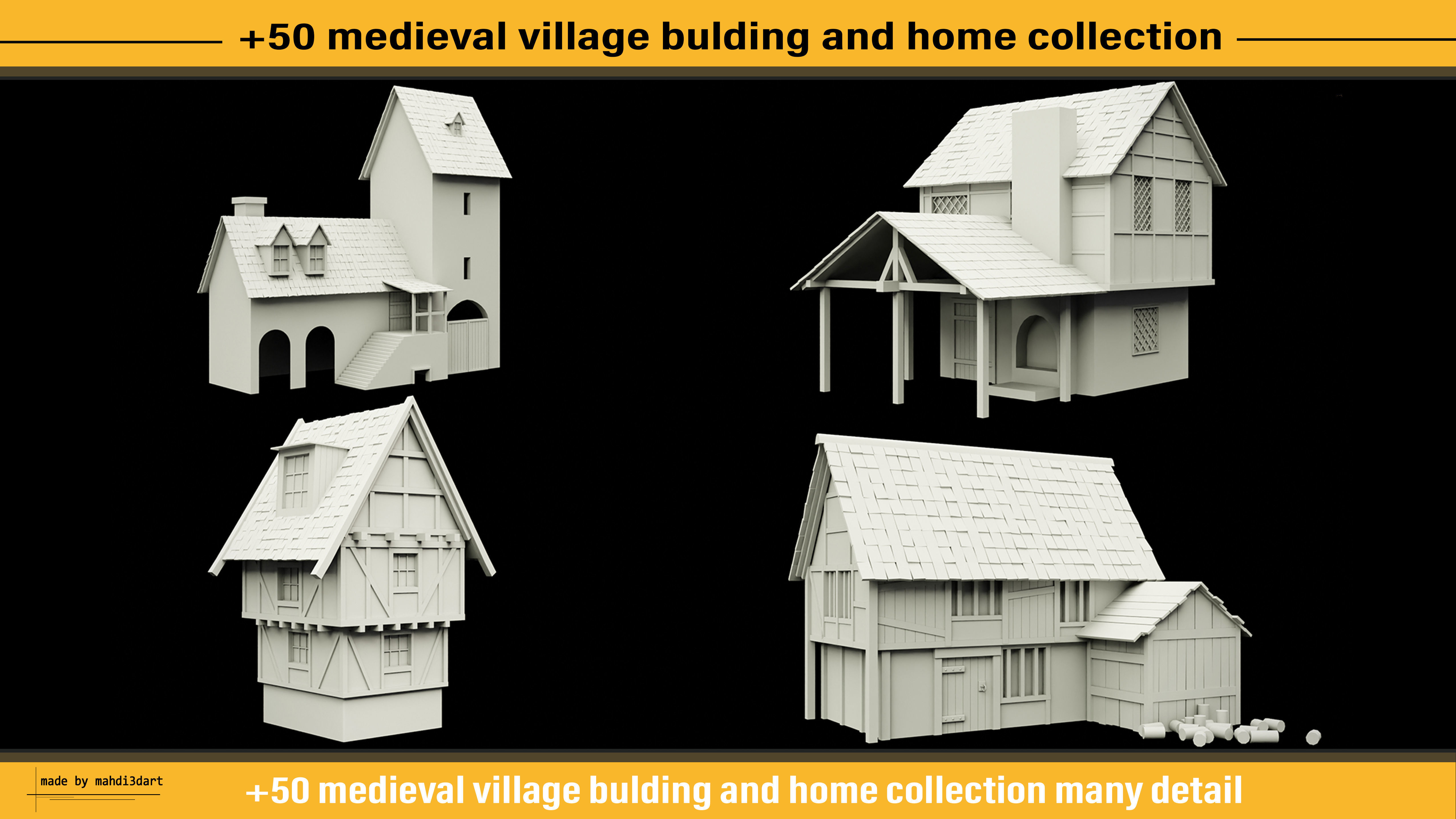 50 medieval village building and home collection white UV 3D model_6