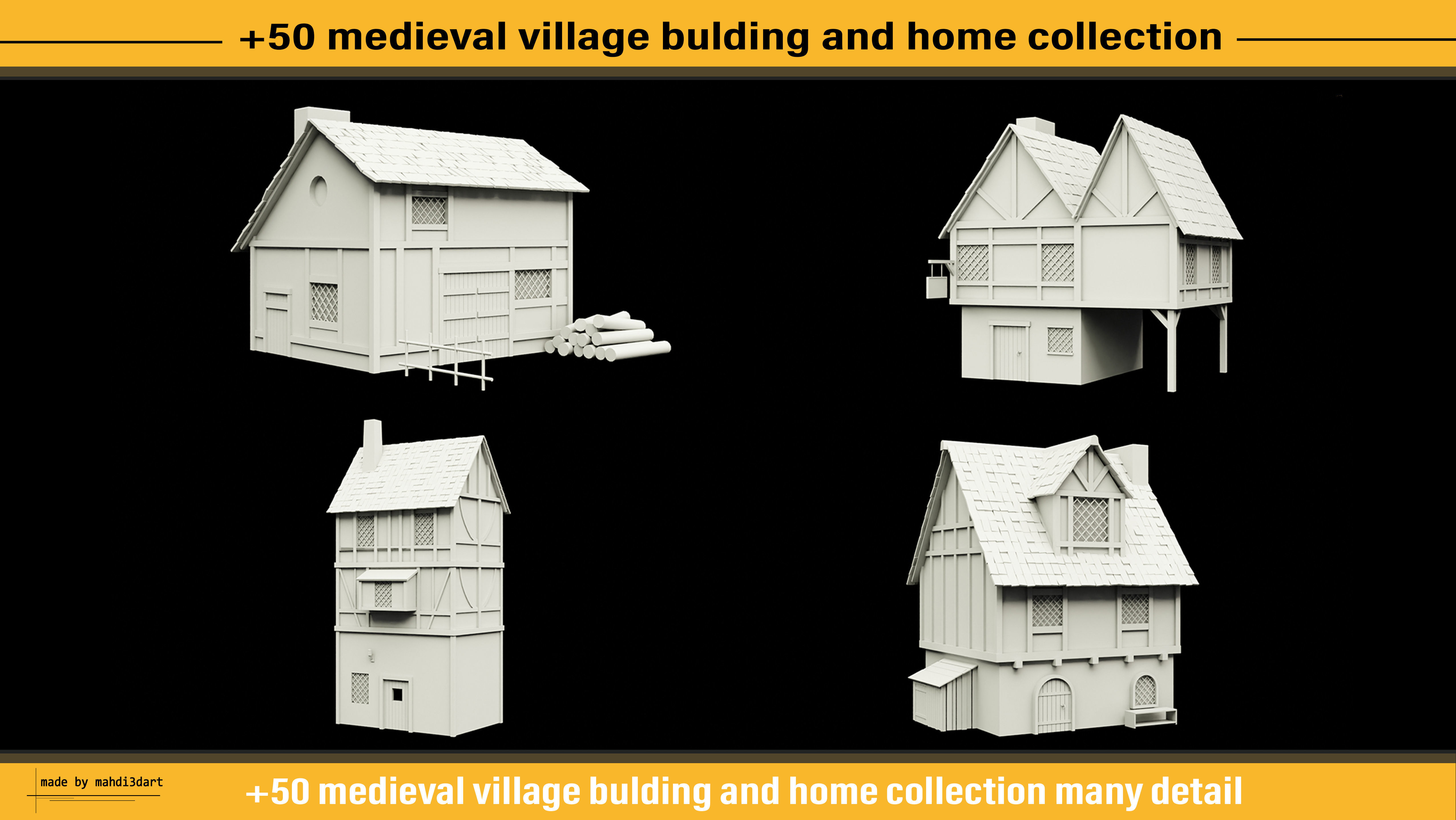 50 medieval village building and home collection white UV 3D model_5
