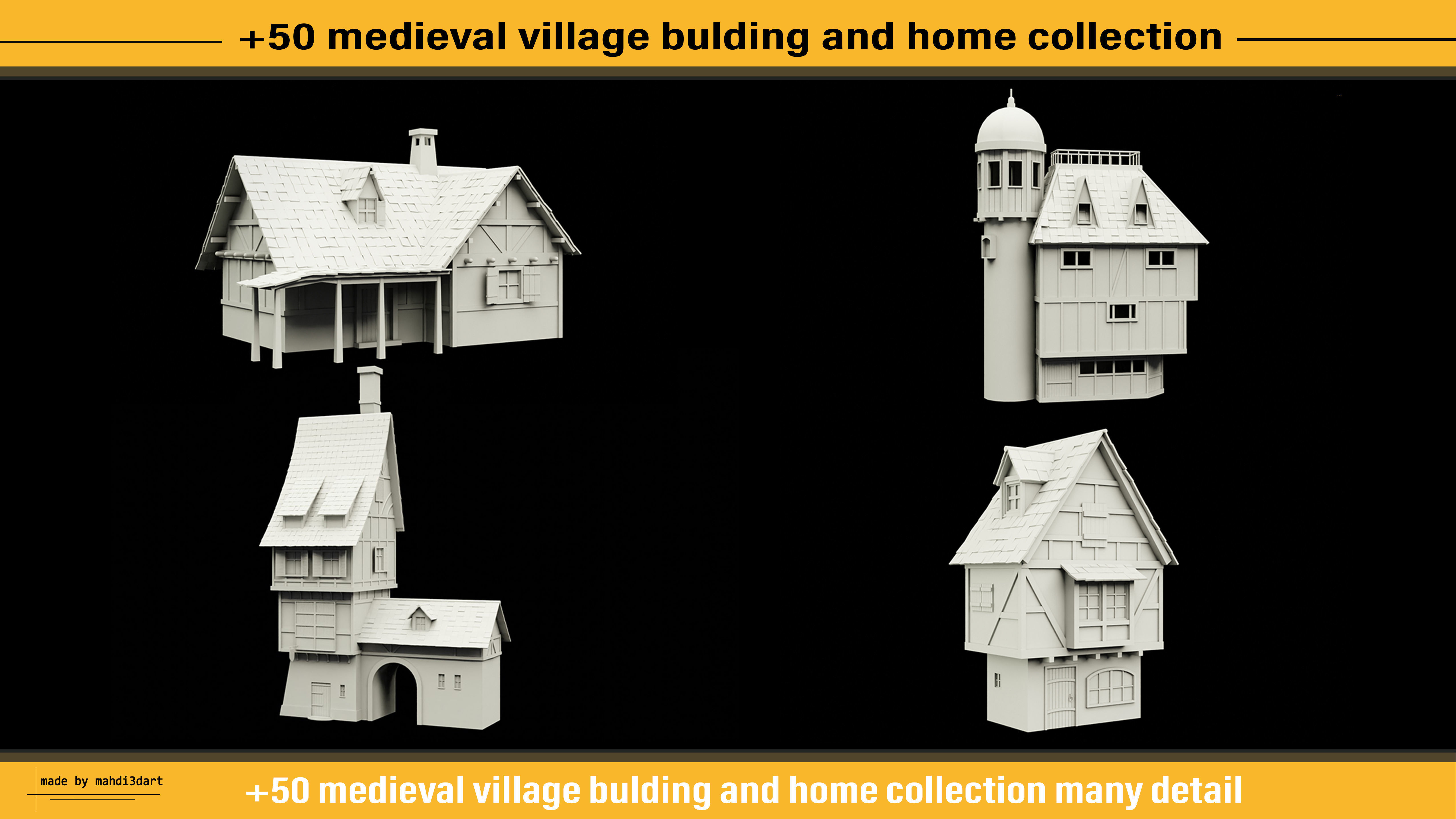 50 medieval village building and home collection white UV 3D model_13