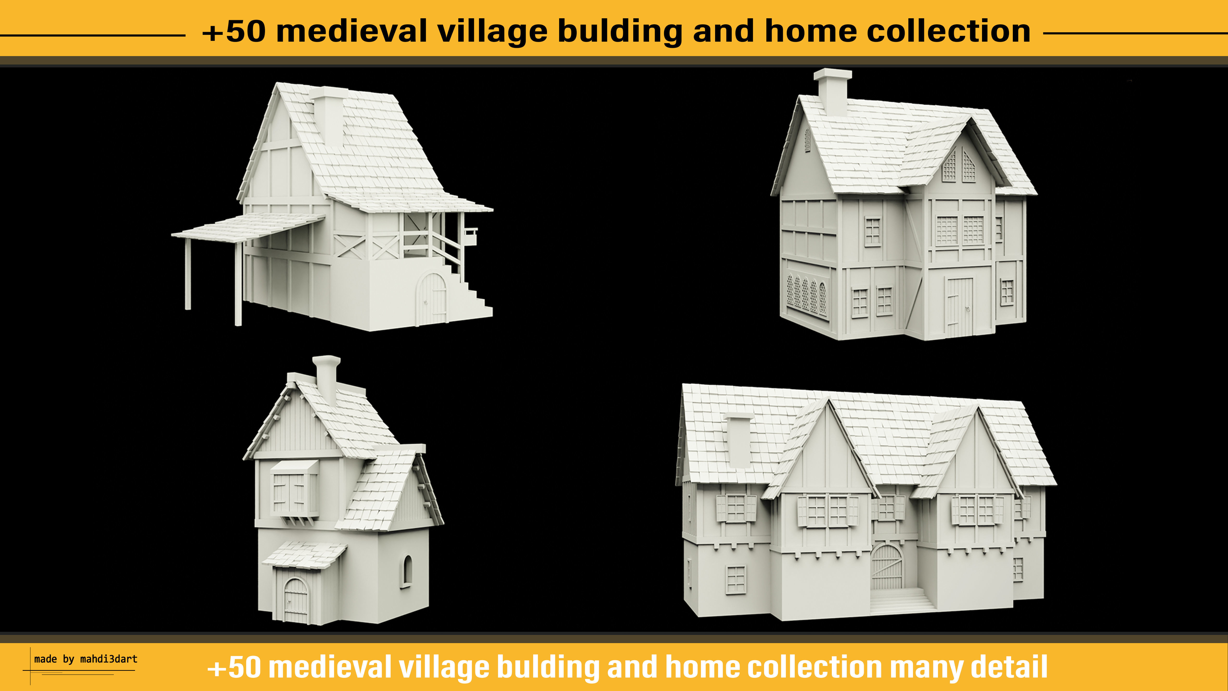 50 medieval village building and home collection white UV 3D model_9
