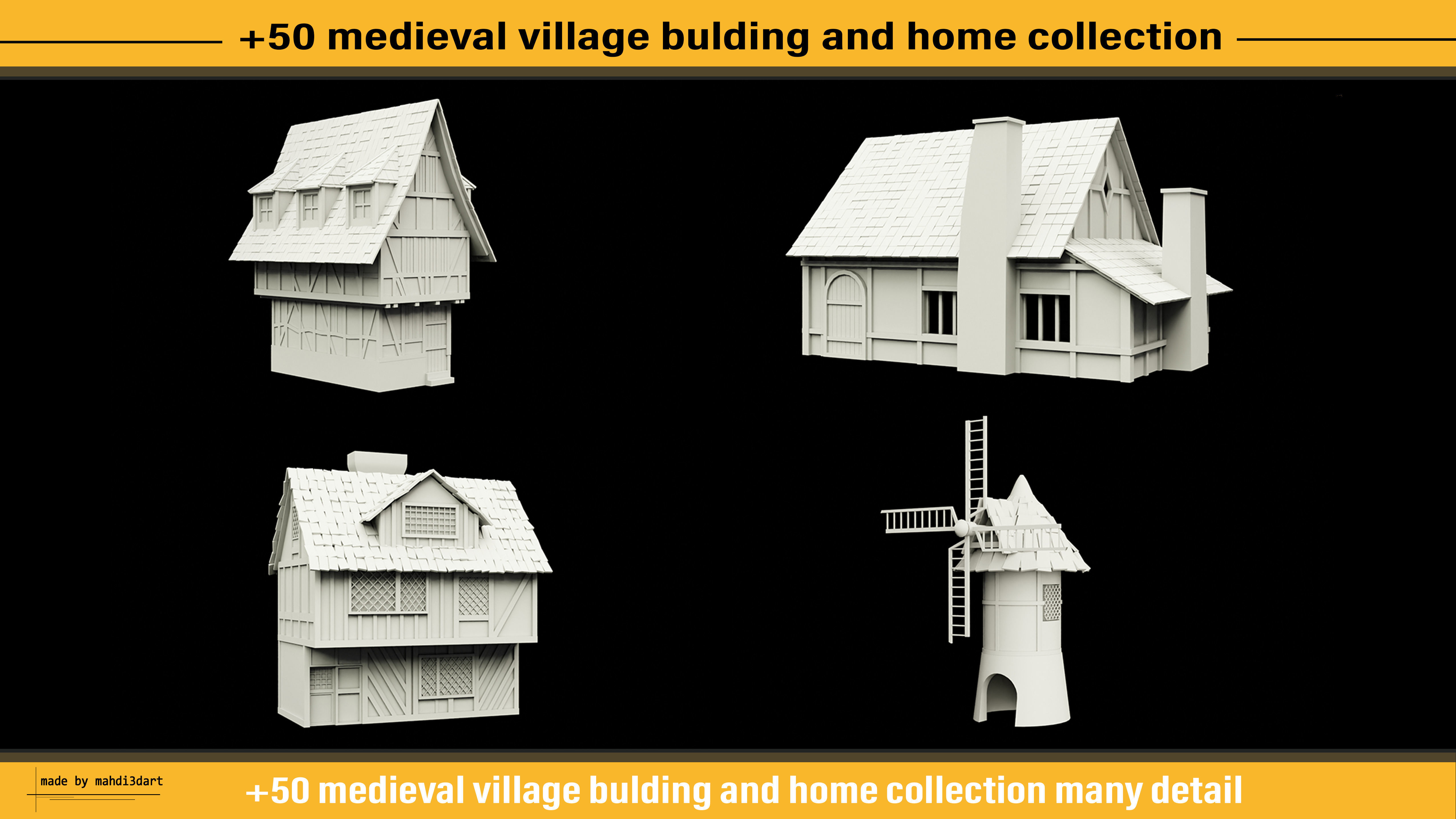 50 medieval village building and home collection white UV 3D model_7