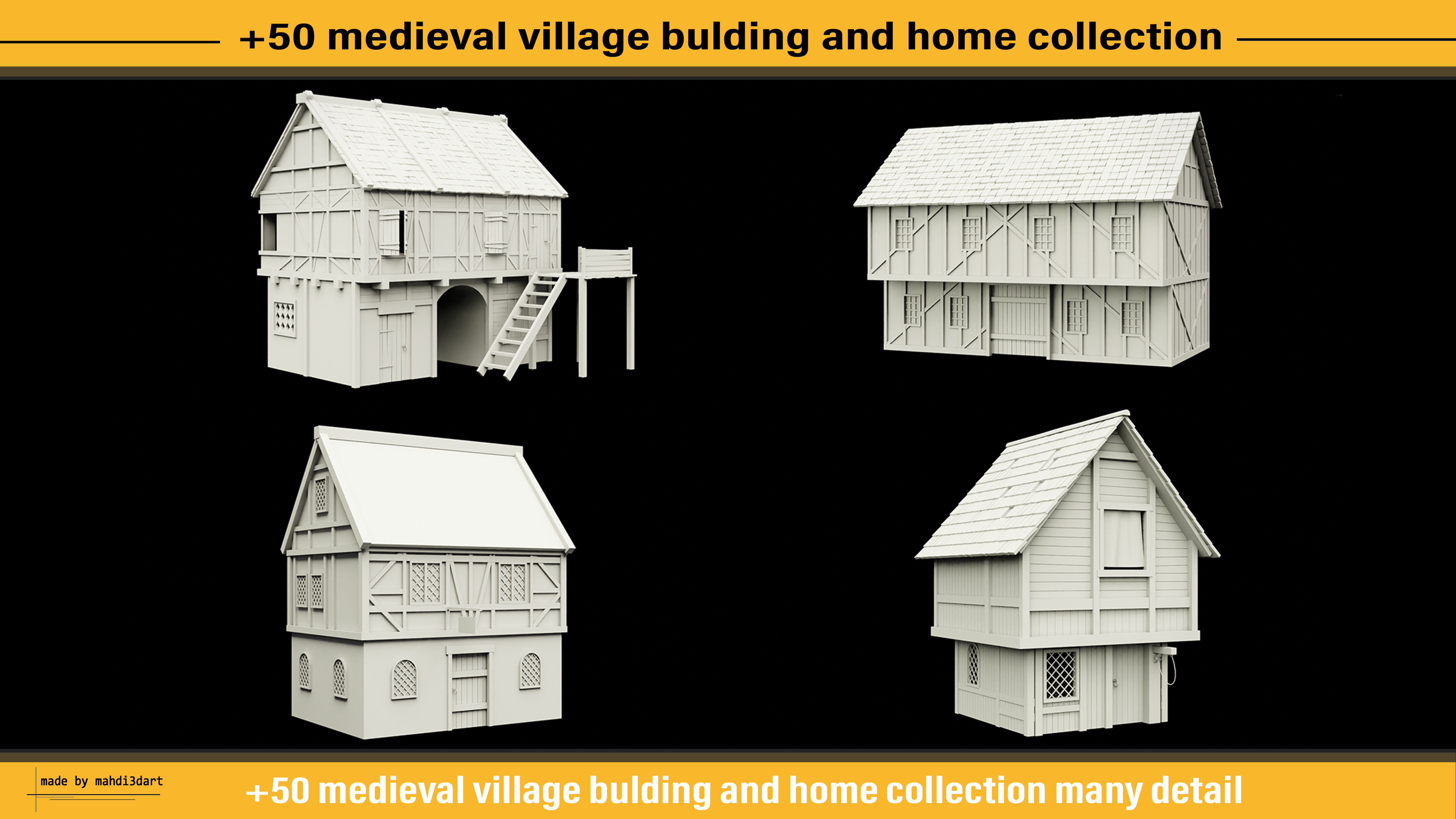50 medieval village building and home collection white UV 3D model_10