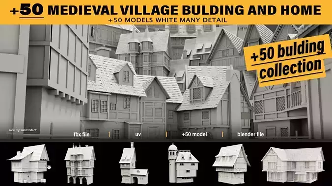 50 medieval village building and home collection white UV 3D model