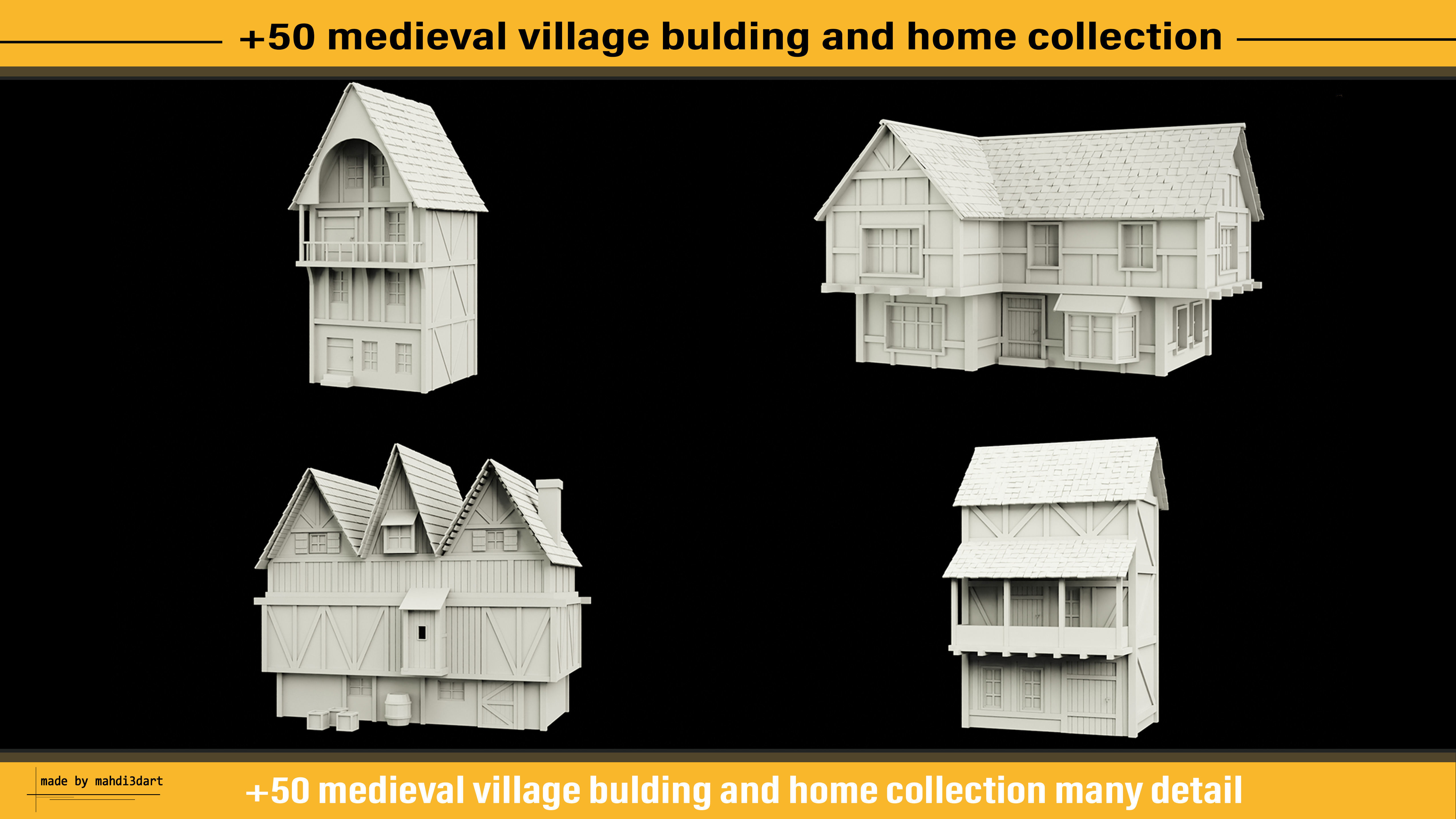 50 medieval village building and home collection white UV 3D model_15
