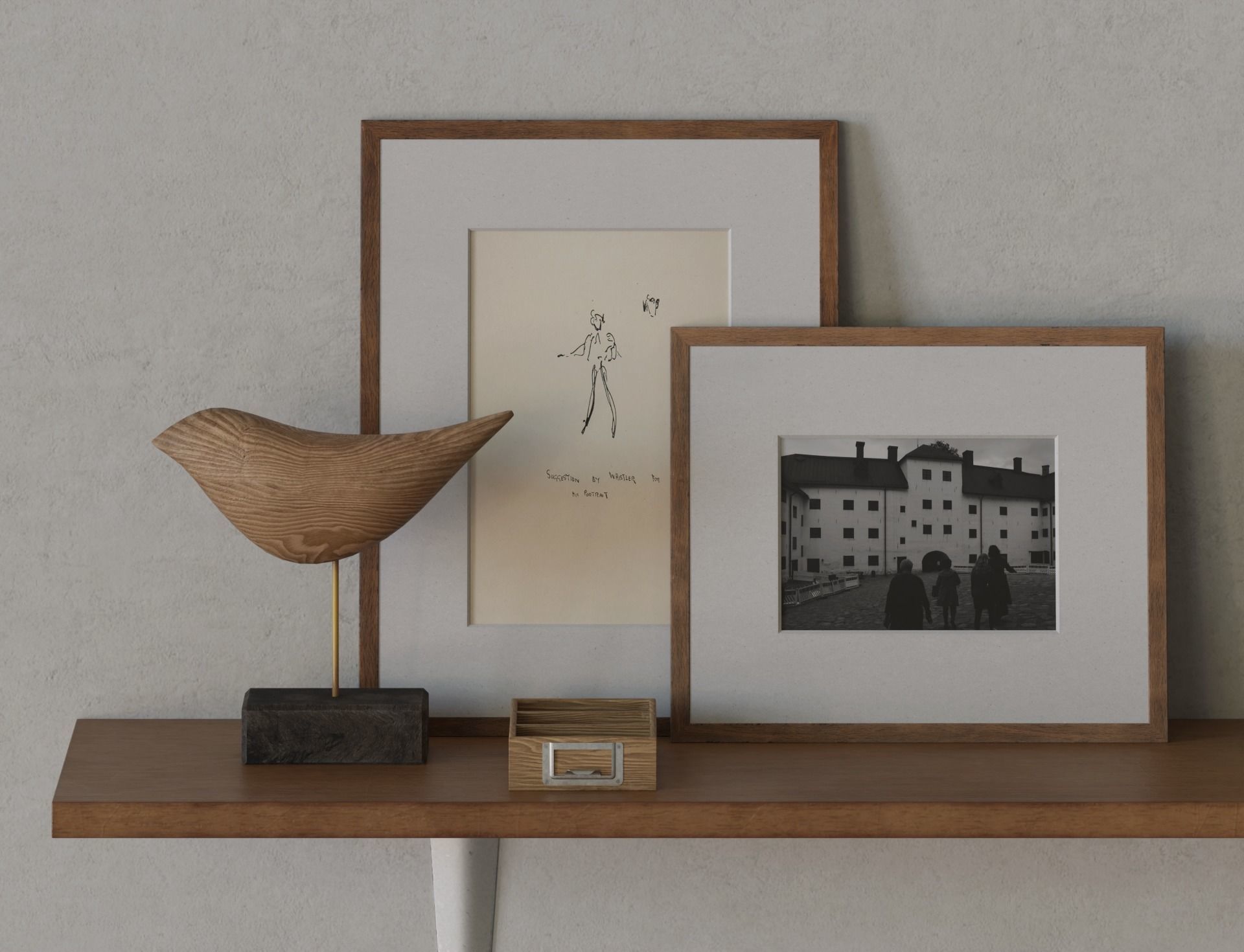 Wood Shelf Photo Frame Steel Bracket Sculpture Box Bowl Top Tiki Low-poly 3D model_2