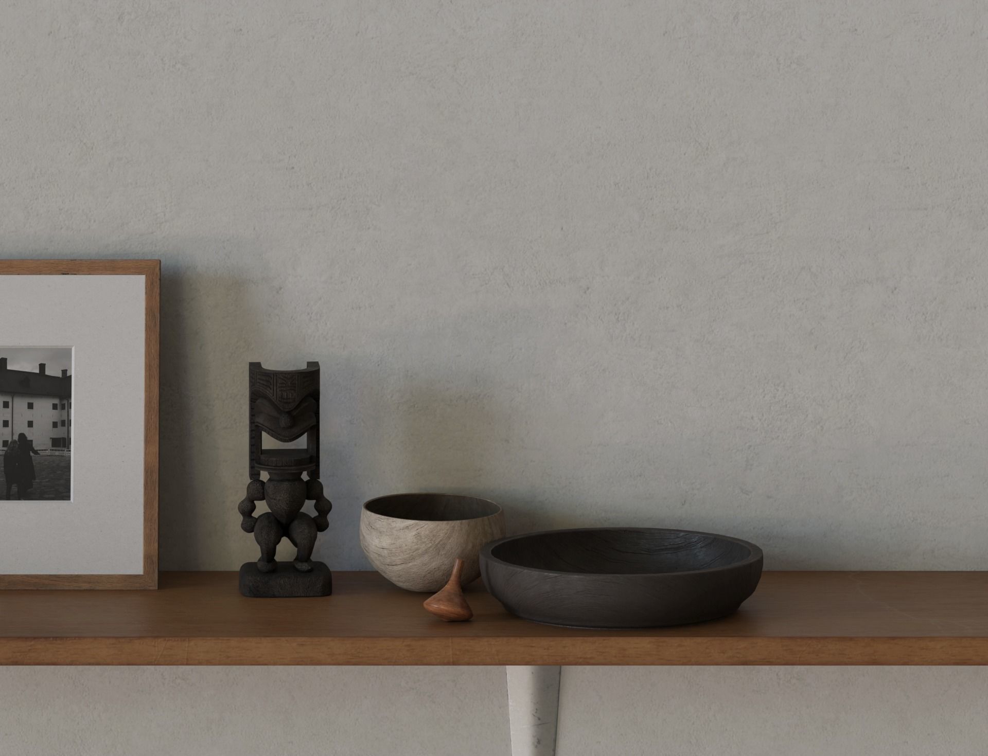 Wood Shelf Photo Frame Steel Bracket Sculpture Box Bowl Top Tiki Low-poly 3D model_3