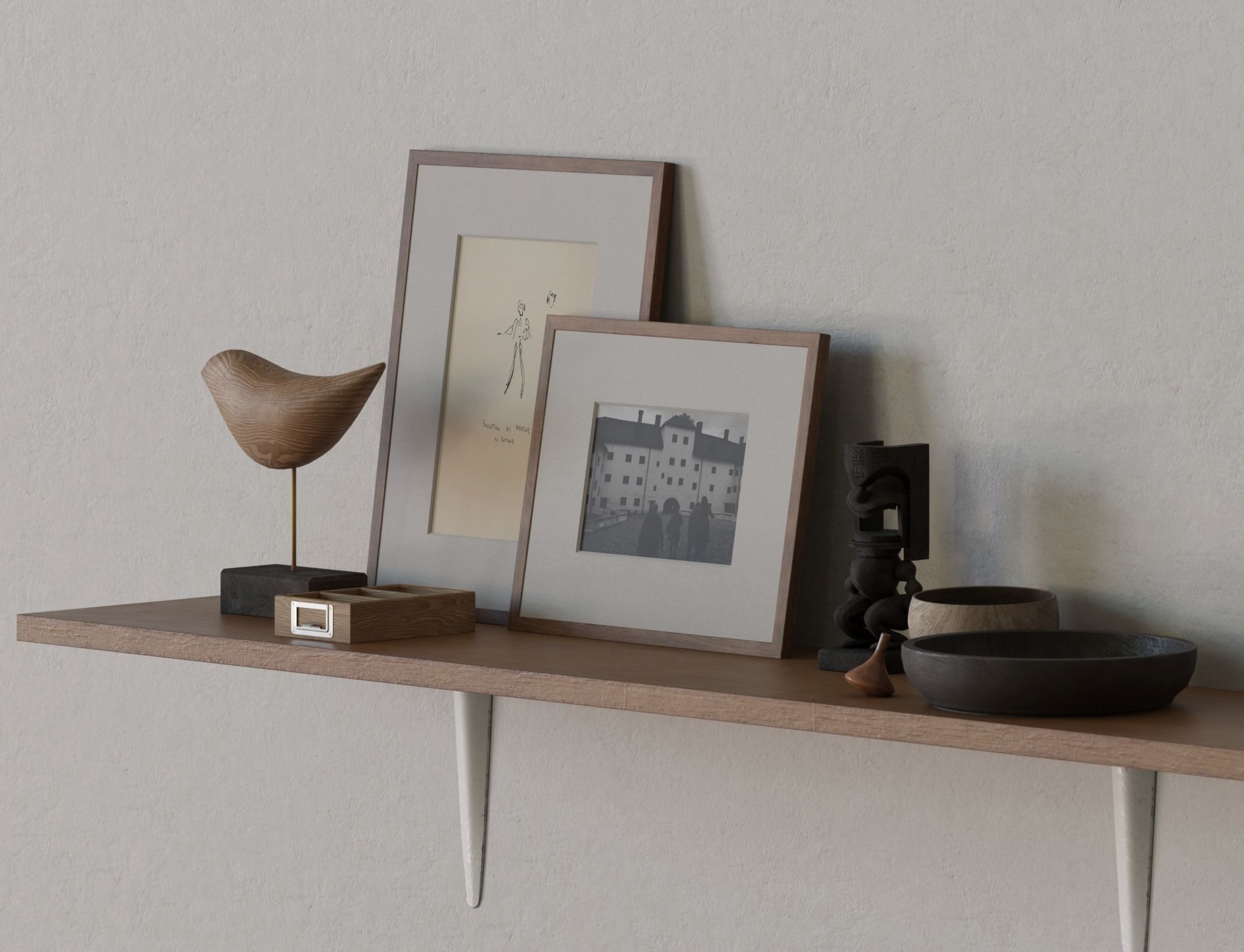 Wood Shelf Photo Frame Steel Bracket Sculpture Box Bowl Top Tiki Low-poly 3D model_1