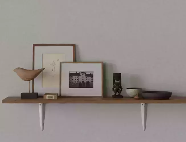 Wood Shelf Photo Frame Steel Bracket Sculpture Box Bowl Top Tiki Low-poly 3D model