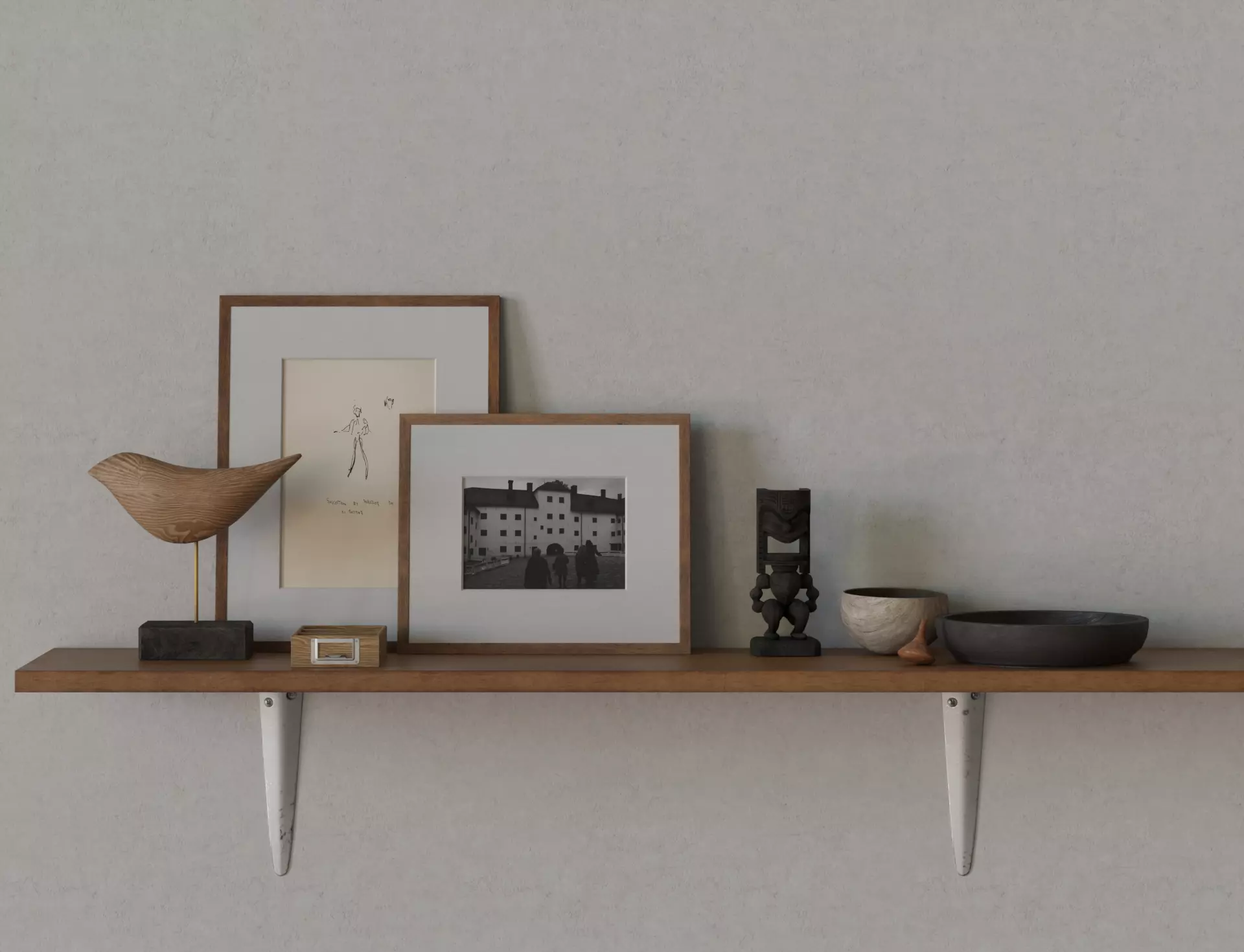 Wood Shelf Photo Frame Steel Bracket Sculpture Box Bowl Top Tiki Low-poly 3D model_0