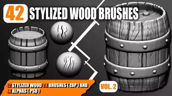 42 Stylized Wood Brushes and Alphas Volume 02