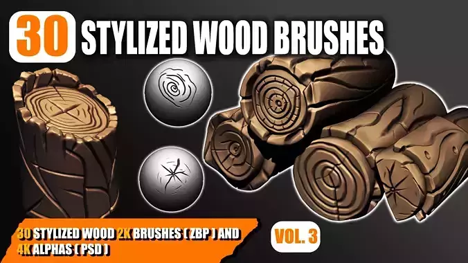 30 Stylized Wood Brushes and Alphas Volume 03