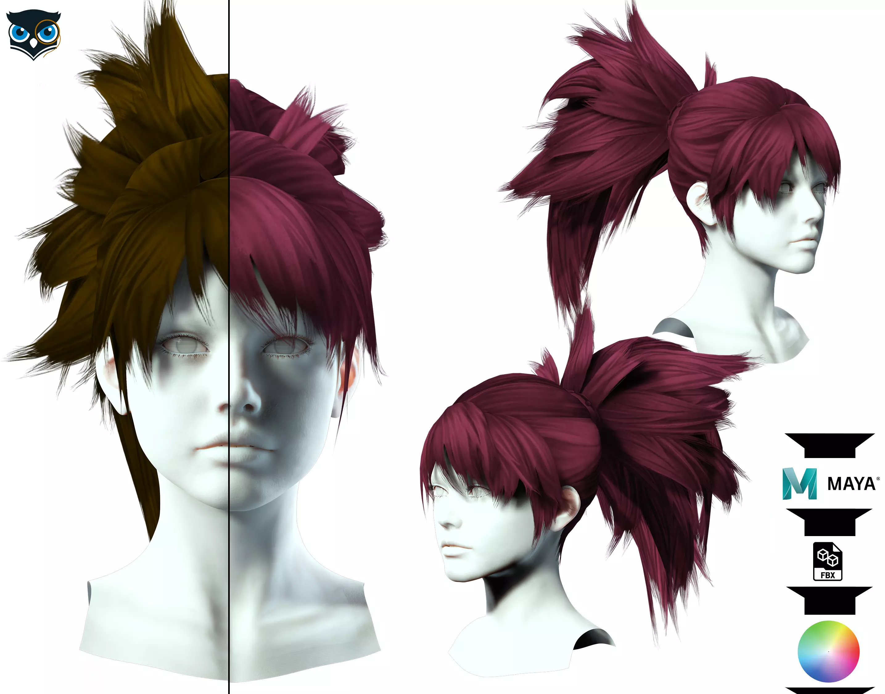 Female Hair  - High Ponytail Low-poly 3D model_0