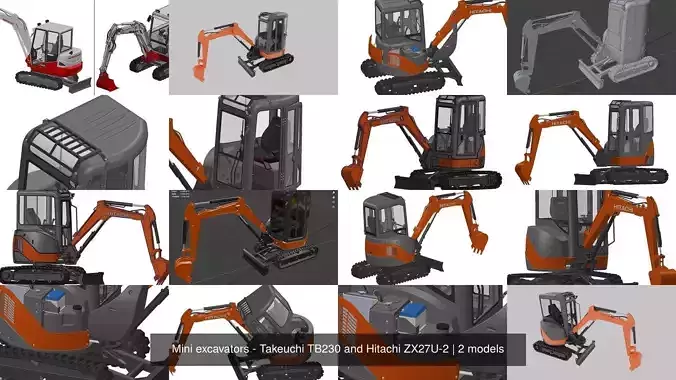 Mini excavators - Takeuchi TB230 and Hitachi ZX27U-2 3D Model Collection