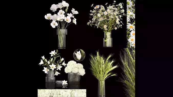 Set of bouquets hydrangea poppy chamomile wheat 423