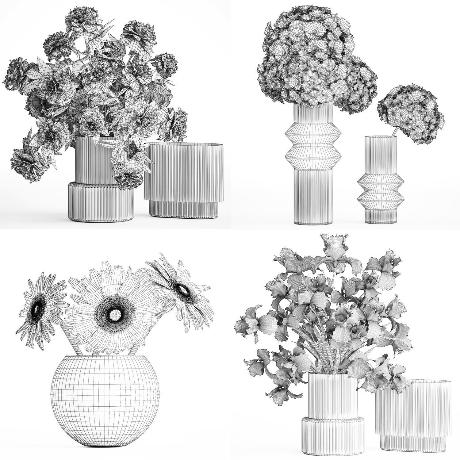 Set of bouquets Hydrangea Gerbera Peonies Iris vase 424 3D model_14
