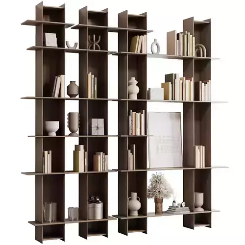 Wooden Shelves Decorative With Plants and Book - Wooden Rack 20 3D model