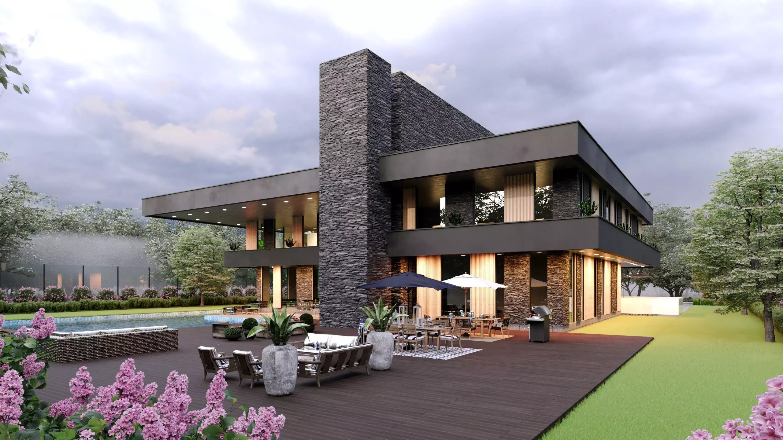 frank lloyd wright style house architecture full furnished villa 3D model_0