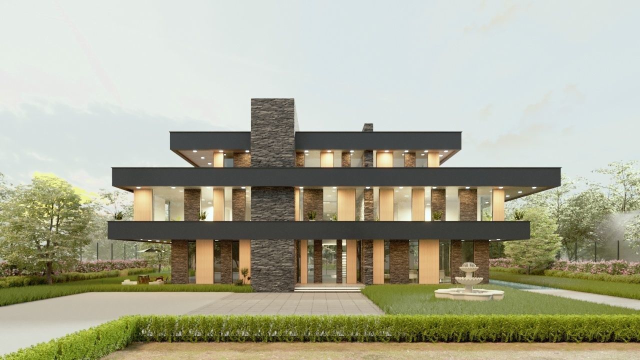 frank lloyd wright style house architecture full furnished villa 3D model_5