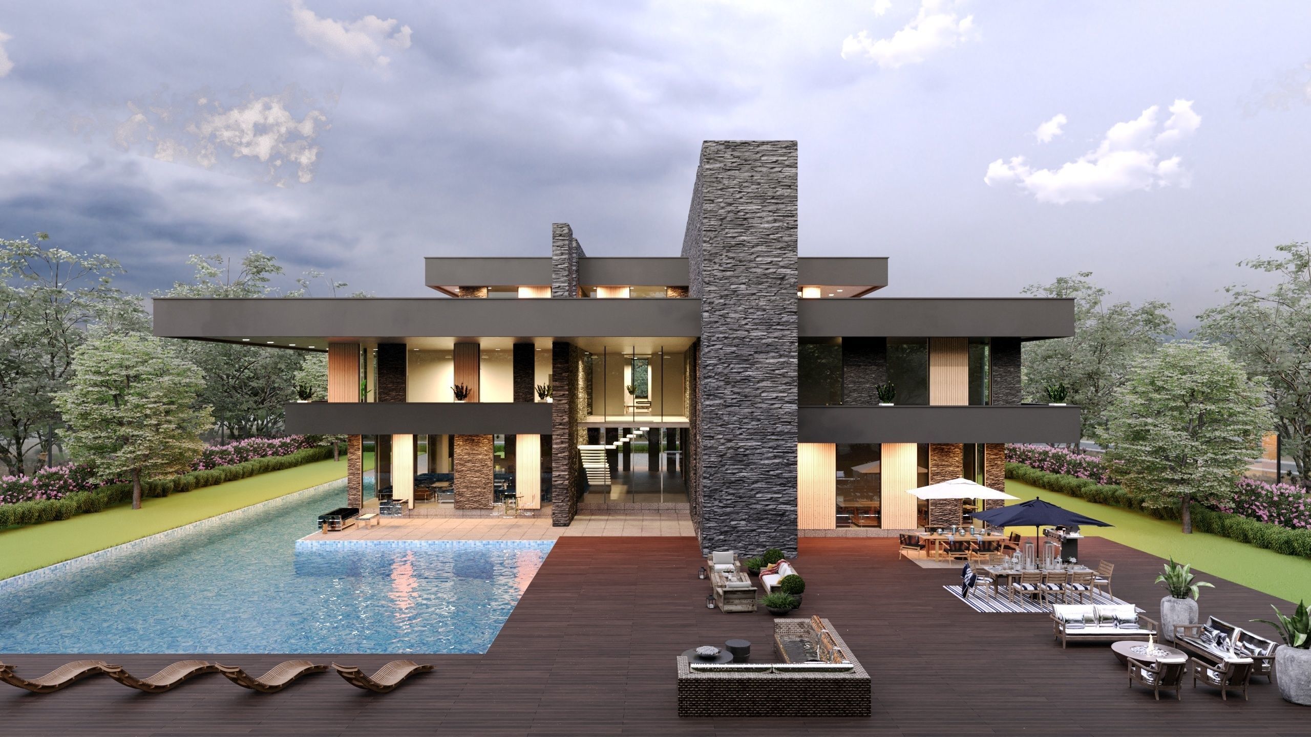 frank lloyd wright style house architecture full furnished villa 3D model_2