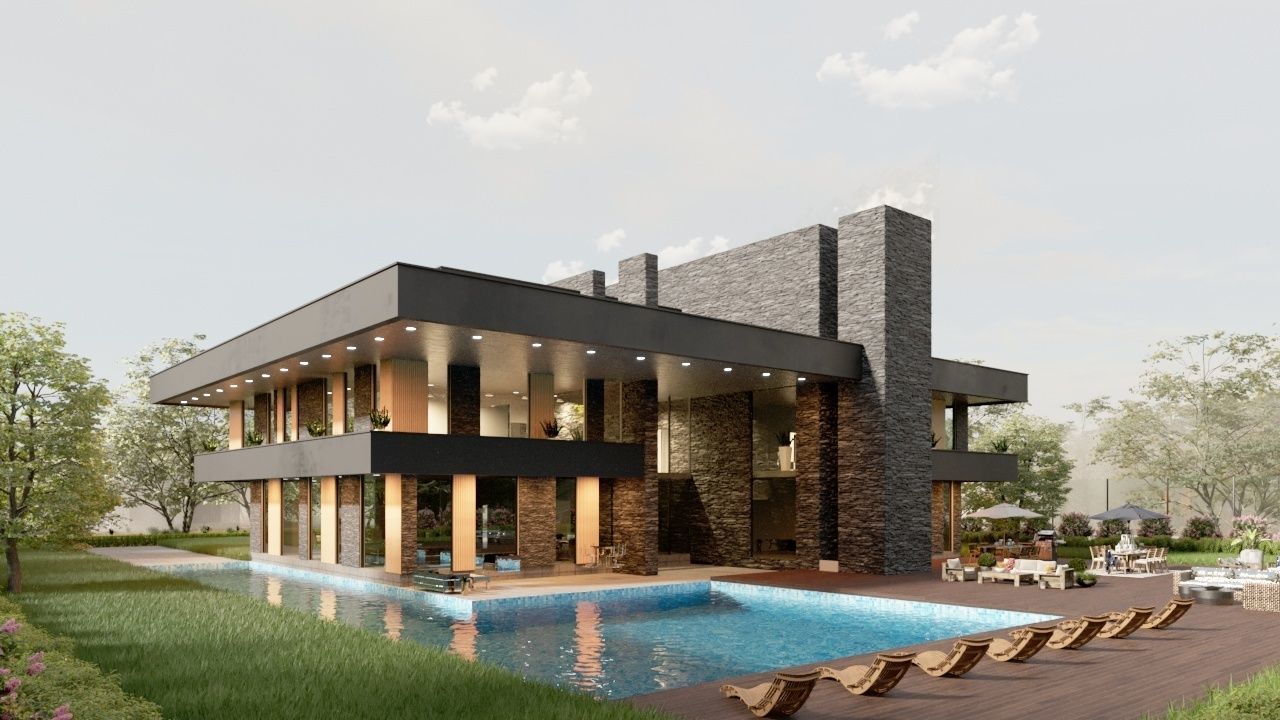 frank lloyd wright style house architecture full furnished villa 3D model_8