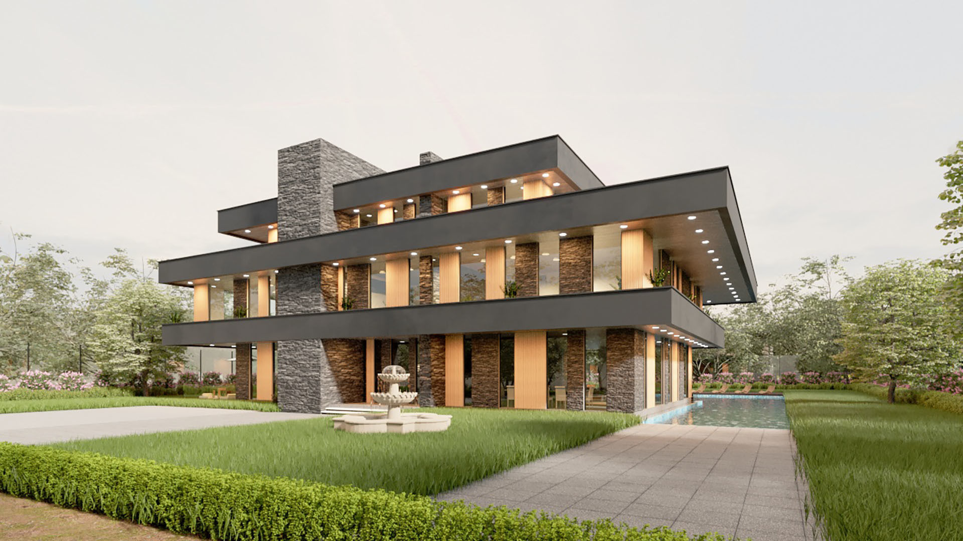 frank lloyd wright style house architecture full furnished villa 3D model_9