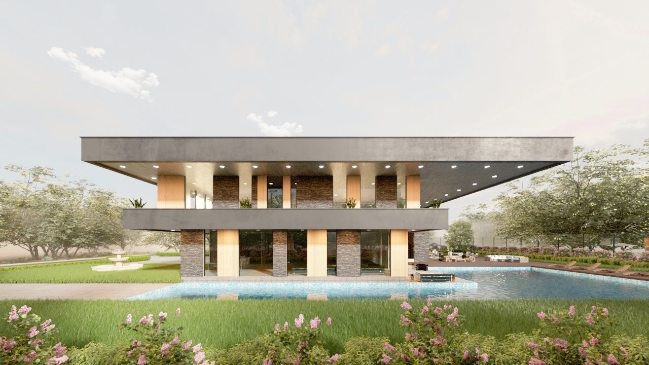 frank lloyd wright style house architecture full furnished villa 3D model_6