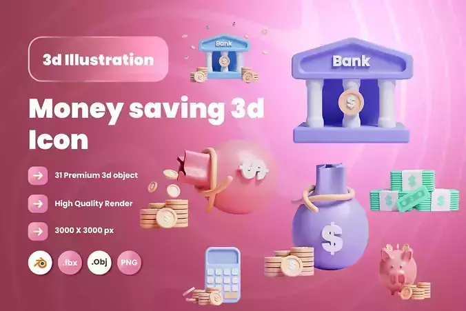 Money saving 3d Illustration  Icon Pack