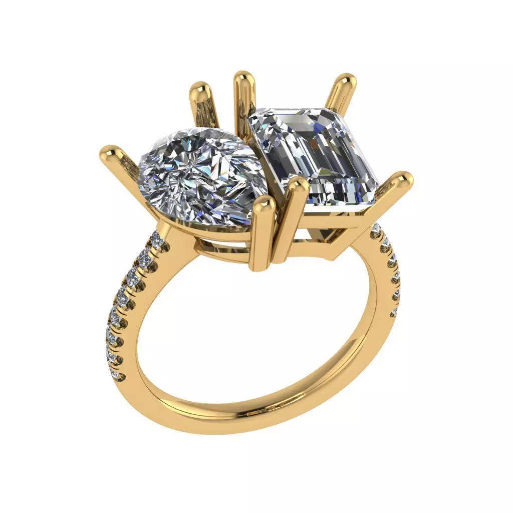 Emerald and pear cut 2 stone diamond ring 3D print model_0
