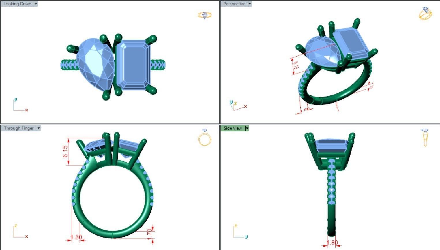 Emerald and pear cut 2 stone diamond ring 3D print model_5