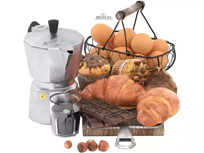 breakfast with croissants chocolates and coffee