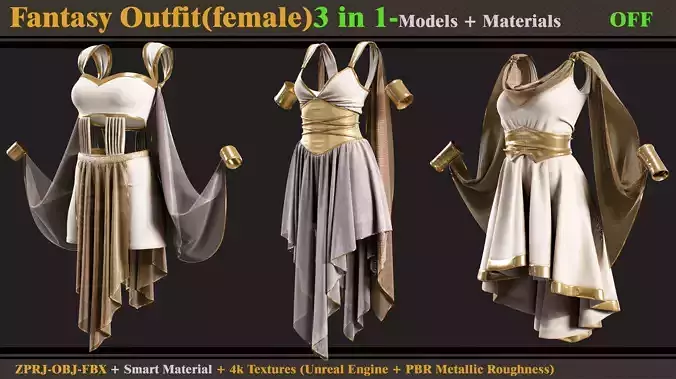 3 in 1 Fantasy Outfits- MD-Clo3d-OBJ- FBX -Materials-Textures 3D model