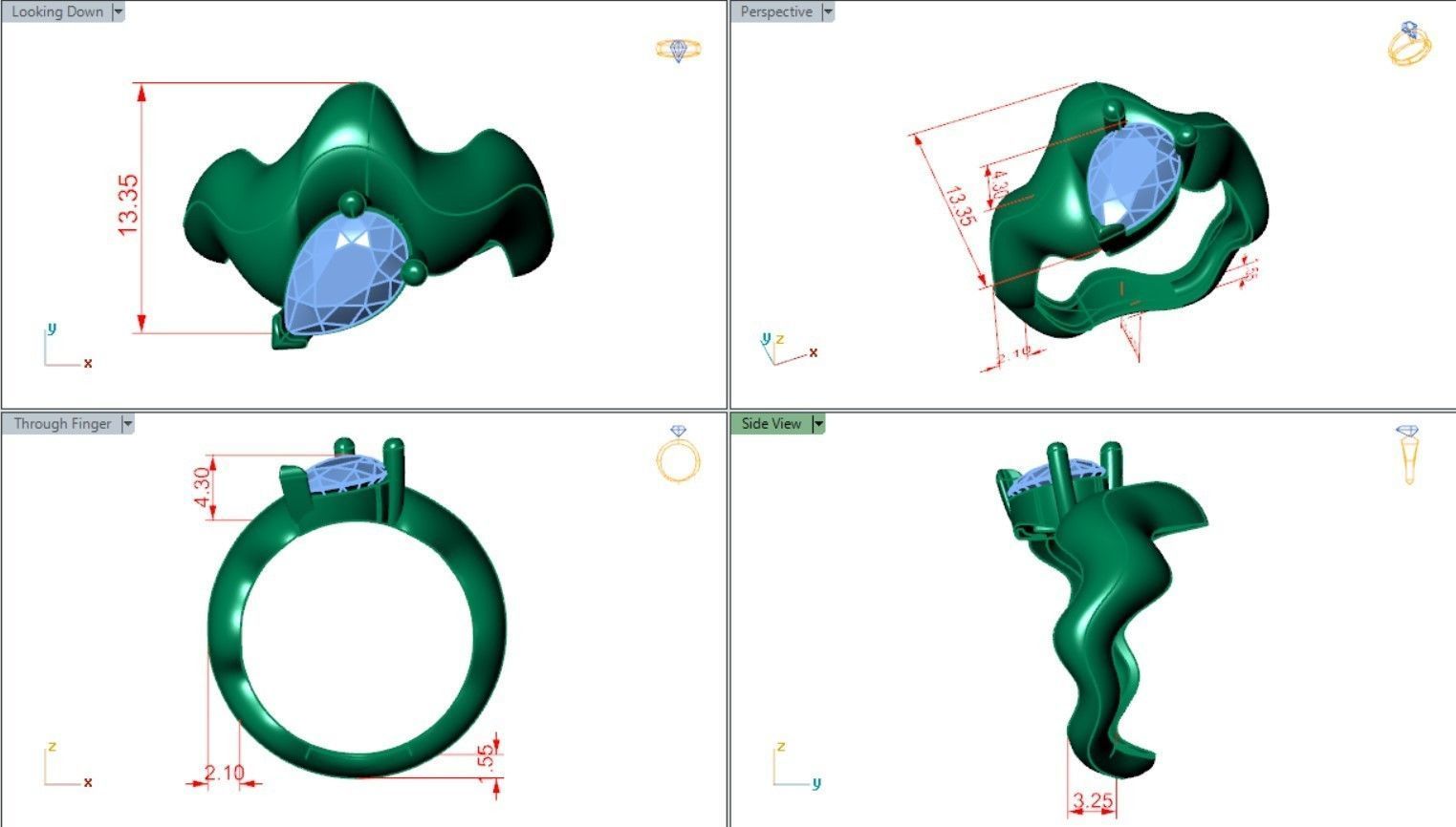 Wavy shank pear cut solitaire diamond ring 3D print model_5