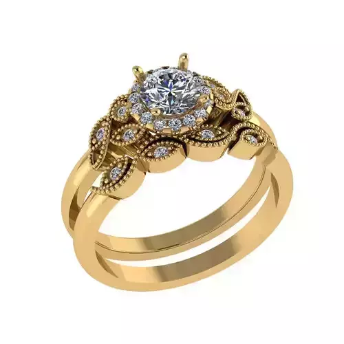 Round halo diamond ring with matching band